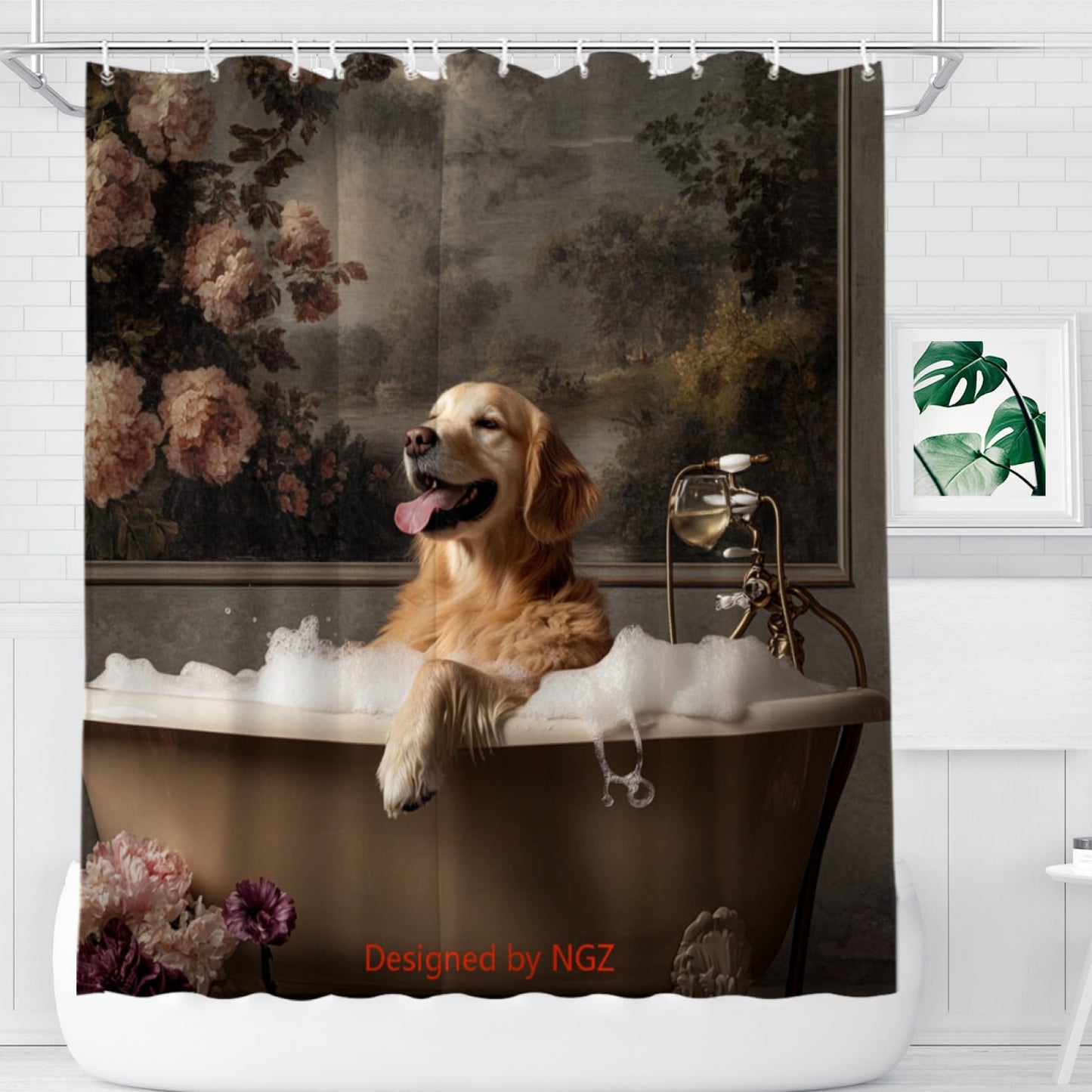 NGZ Funny Golden Retriever Shower Curtain, SPA Golden Retriever with Wine, Grey Shower Curtain, 72x72 Inches Floral Shower Curtains for Bathroom, Bath Curtains Set with 12 Hooks