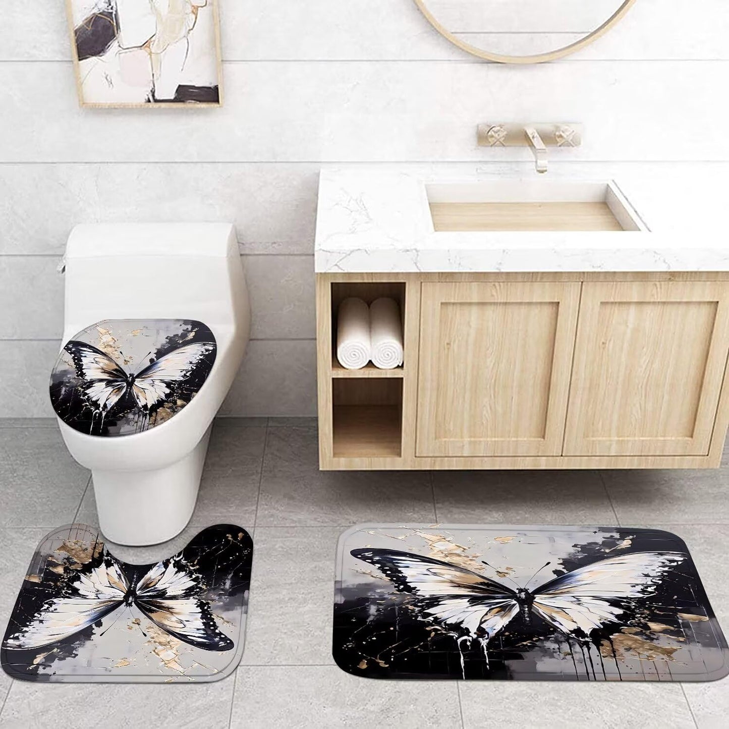 Chrainy 4pcs Black Butterfly Shower Curtain Set with Rugs Grey and Gold Bathroom Set Modern Bathroom Accessories Decor with Bath Mats,Rugs