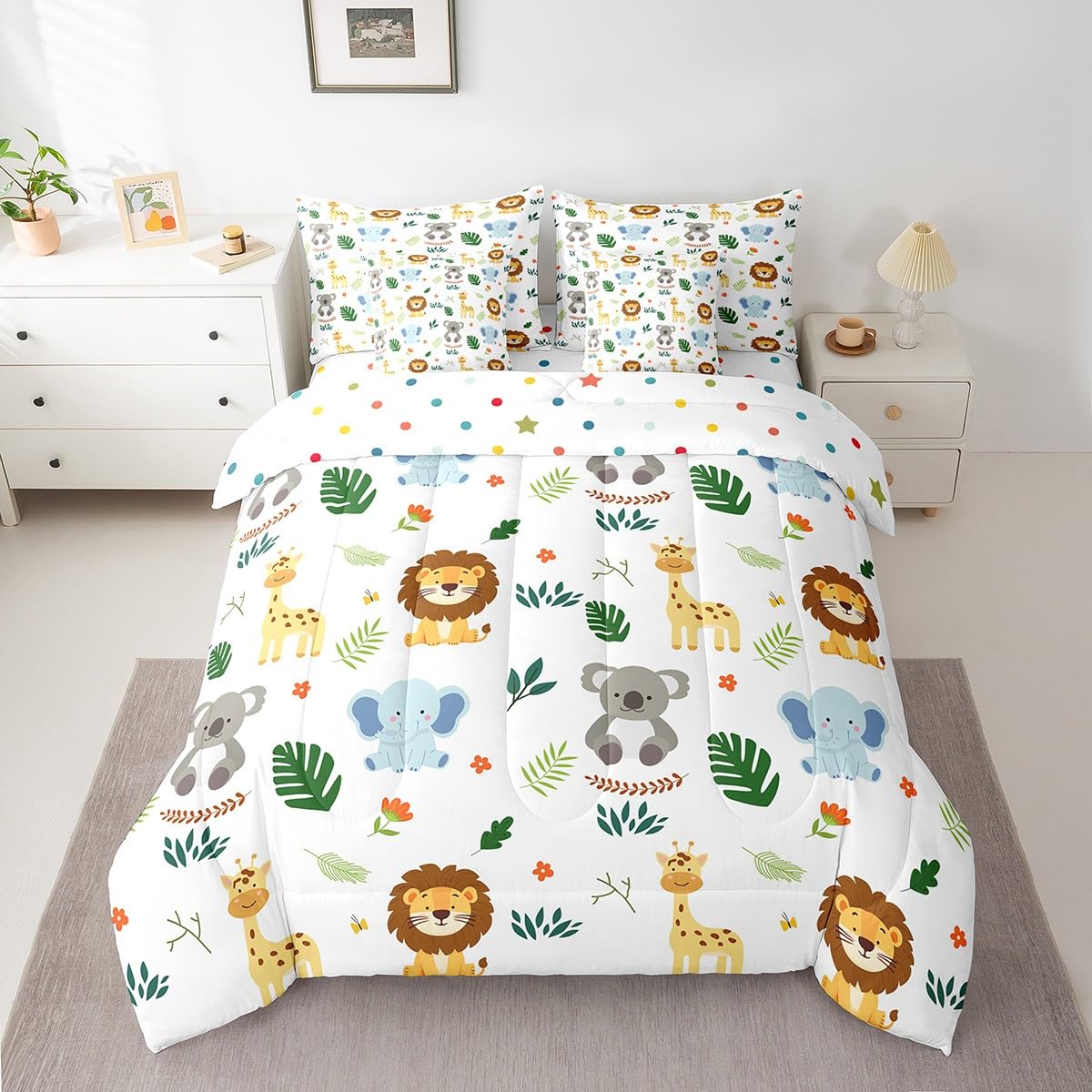 Erosebridal Nursery Cute Jungle Animal Kids Twin Size Comforter Set with Sheets | Safari Elephant Giraffe 7-Piece Bedding Set Koala Lion Bed in a Bag Palm Leaves Flowers Zoo Animal Bed Quilt Sets