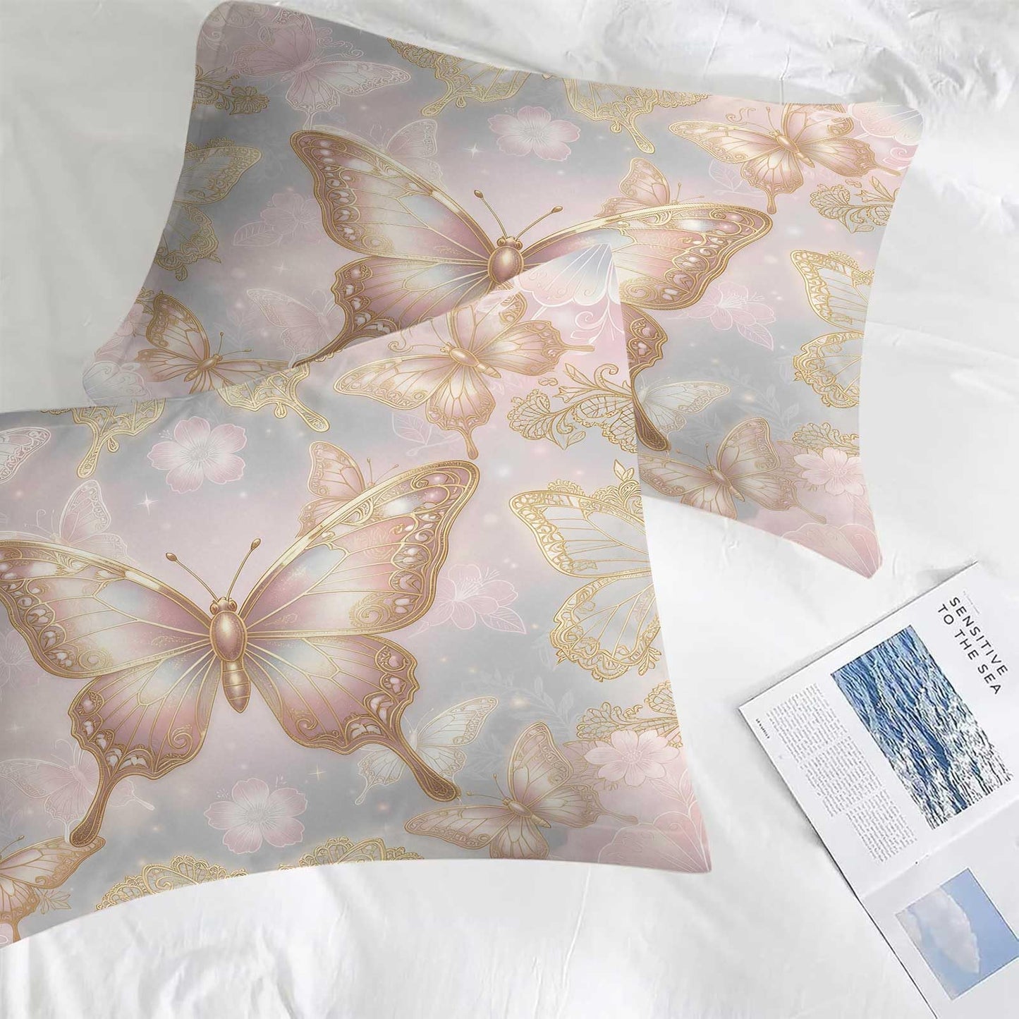 DJNEAR Pink Gold Butterfly Comforter Set, Elegant Shimmer Butterfly Bedding Set for Girls Teens Women, Soft Microfiber All Season with 1 Comforter 1 Pillowcase, Twin Size