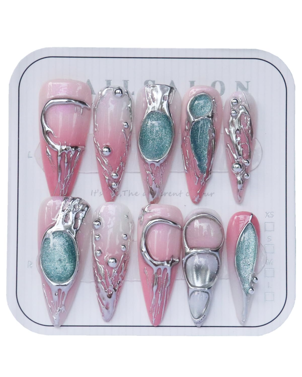 CAMILCY Luxury Handmade Press On Nails Pink Gradient Green Glitter Metallic 3D Design Long Stiletto Fake Nails Salon Quality Reusable Acrylic Nails for Women (B06, M)