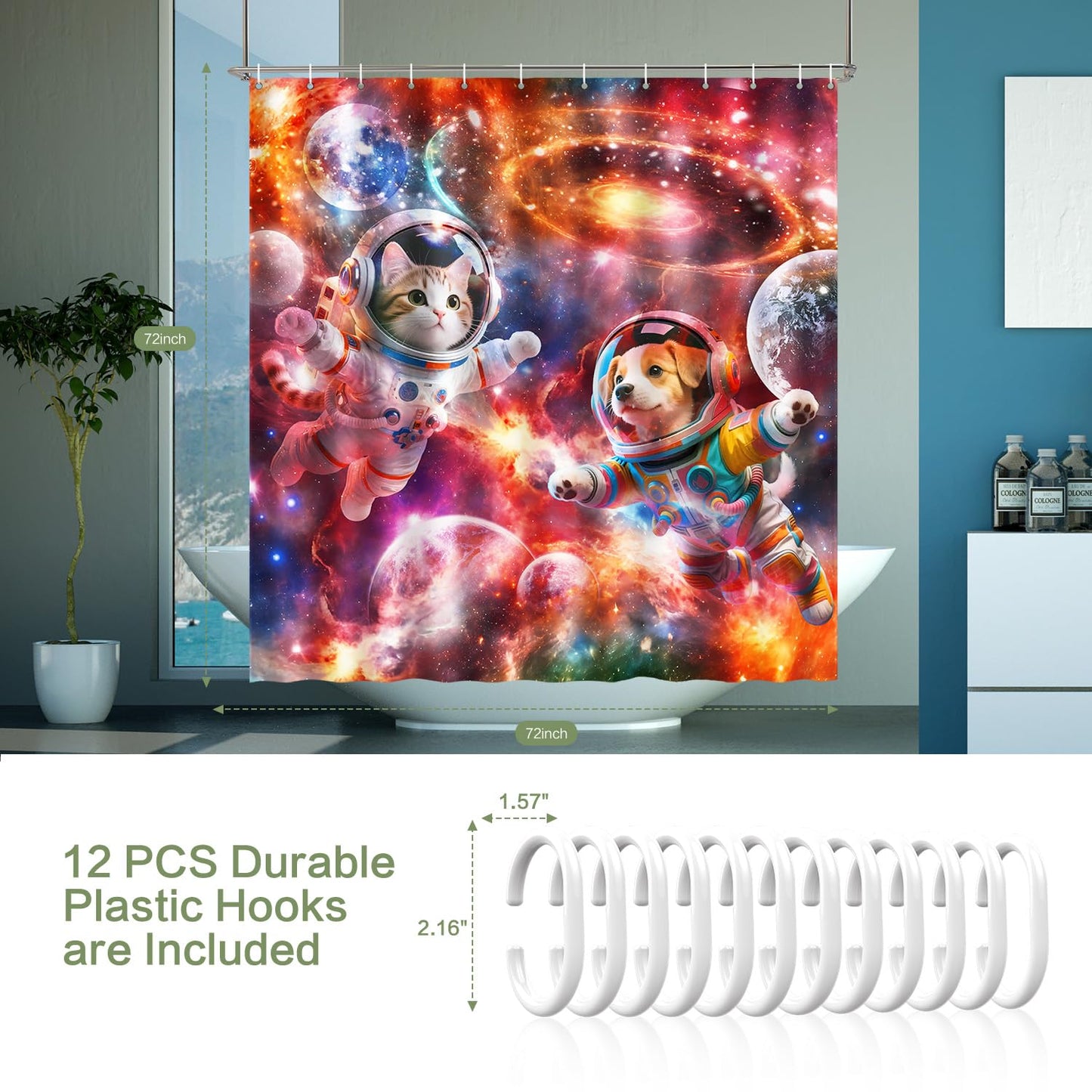 Lokigo Funny Cat Dog Shower Curtain, Cool Anime Cat and Dog Space Astronaut Universe Galaxy Shower Curtains for Bathroom Decor, Waterproof Polyester Modern ShowerCurtain with Hooks 72"x72"