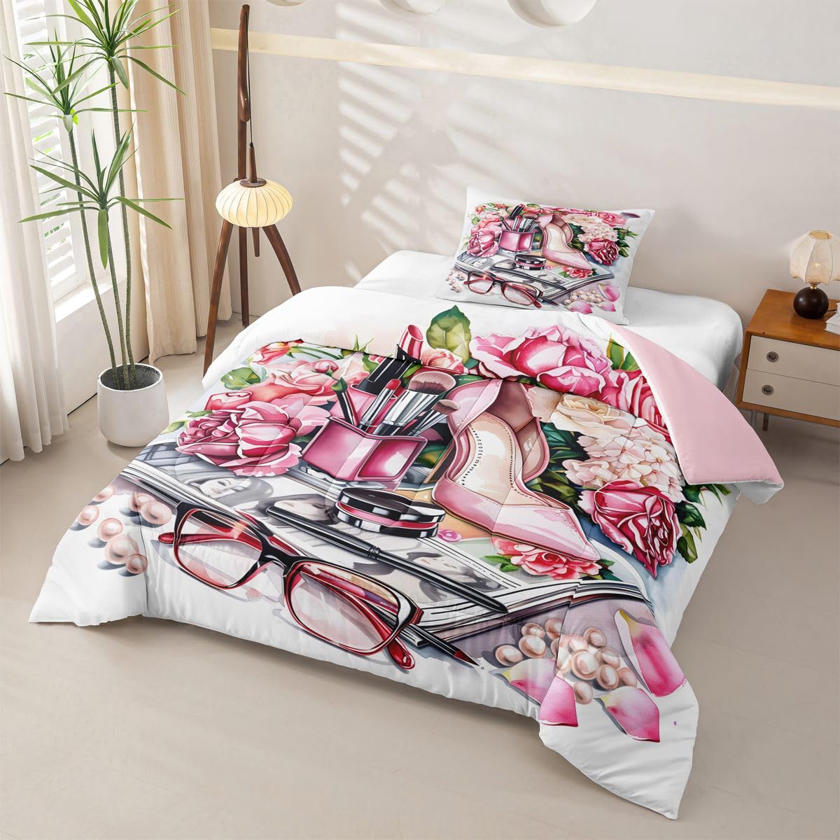 Erosebridal Pink High Heel Comforter Set Romantic Rose Floral Twin Bedding Sets for Girls Young Boys Beauty Perfume Girly Comforter Modern Fashion Quilt