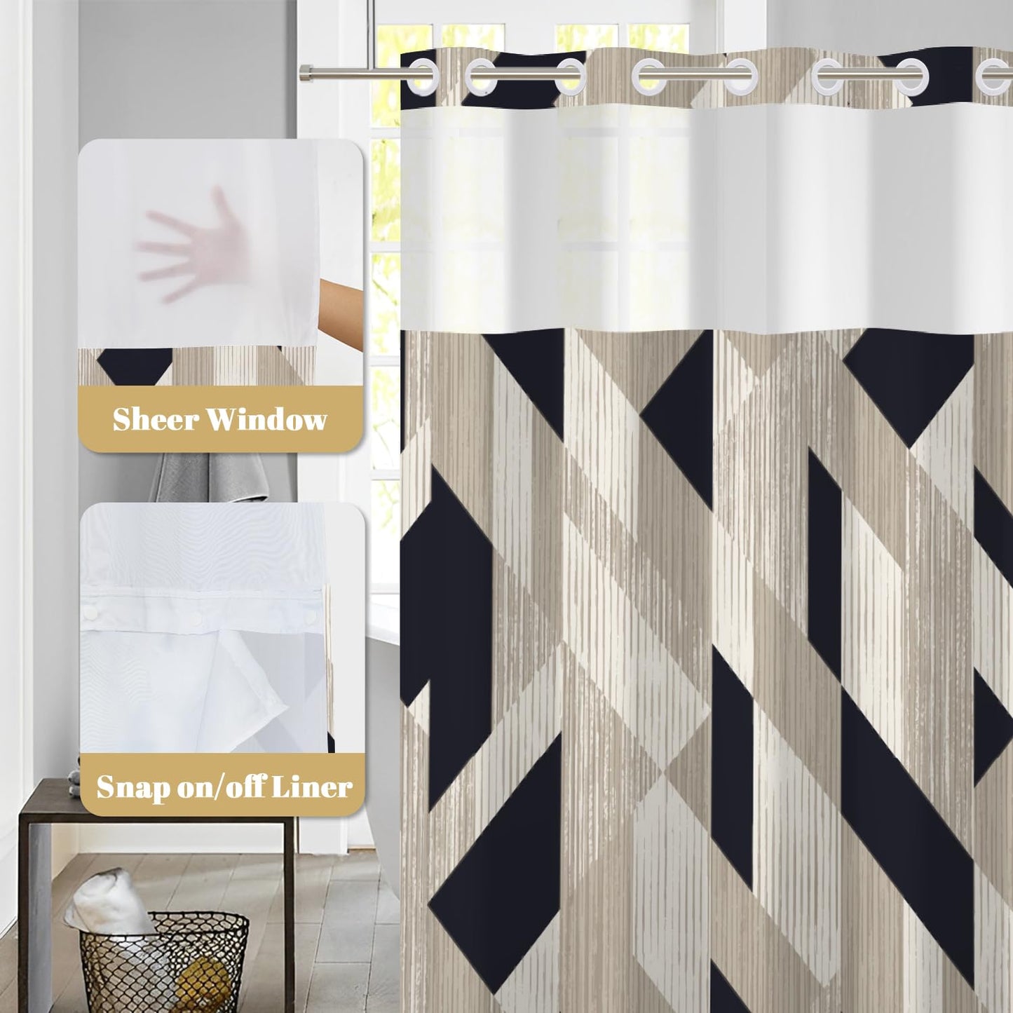 NAEMBCU No Hook Shower Curtain with Snap in Liner, Modern Black and Beige Geometric Print - Mesh Top Waterproof Double Layer Bath Tub Curtain for Contemporary Neutral Bathroom Decor, 71W x 74H