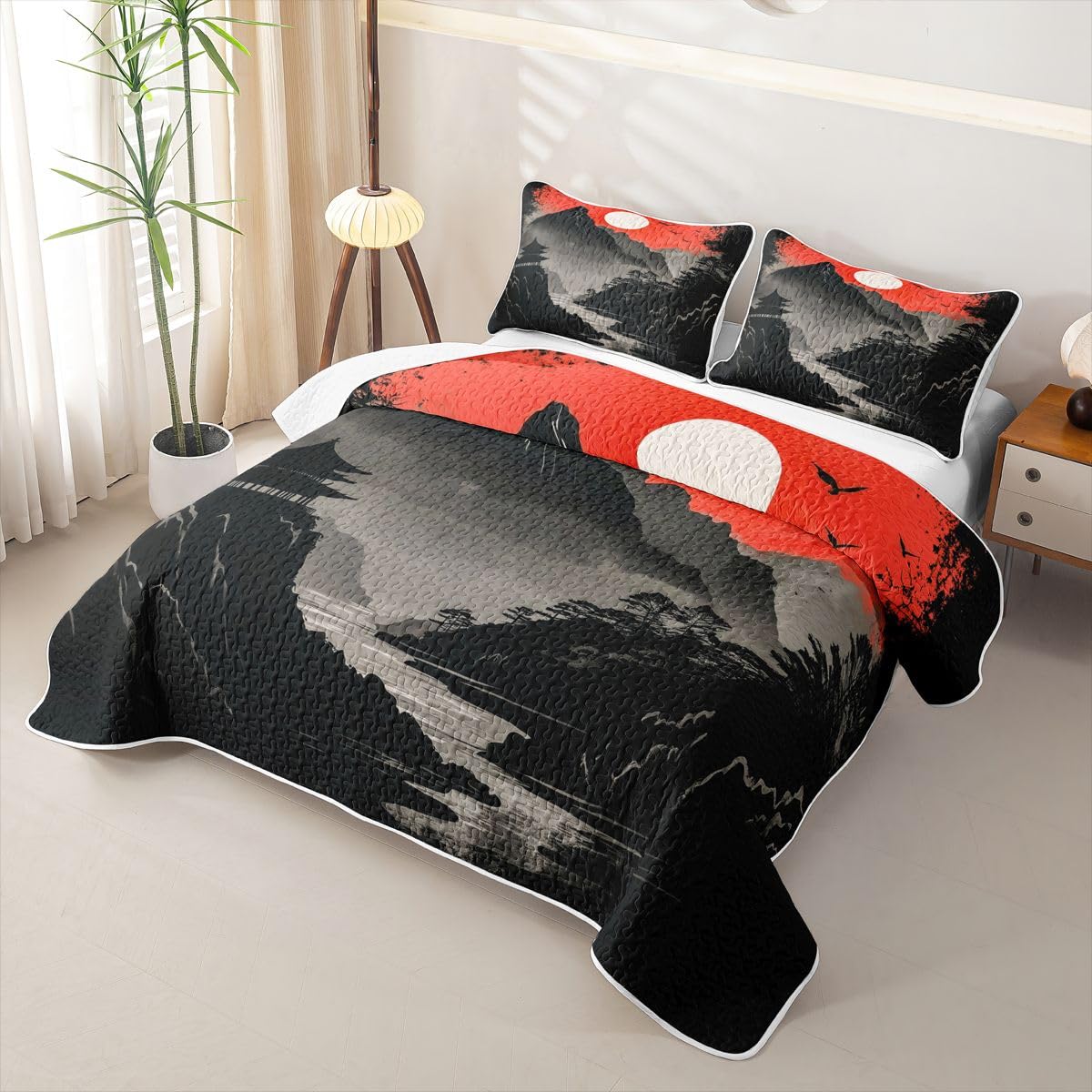 Erosebridal Japanese Fuji Mountain Quilts Twin Size - Japanese Style Bedspread Coverlet Set, House Vintage Sun Quilt Coverlets 2Pcs (Only 1 Pillowcase)