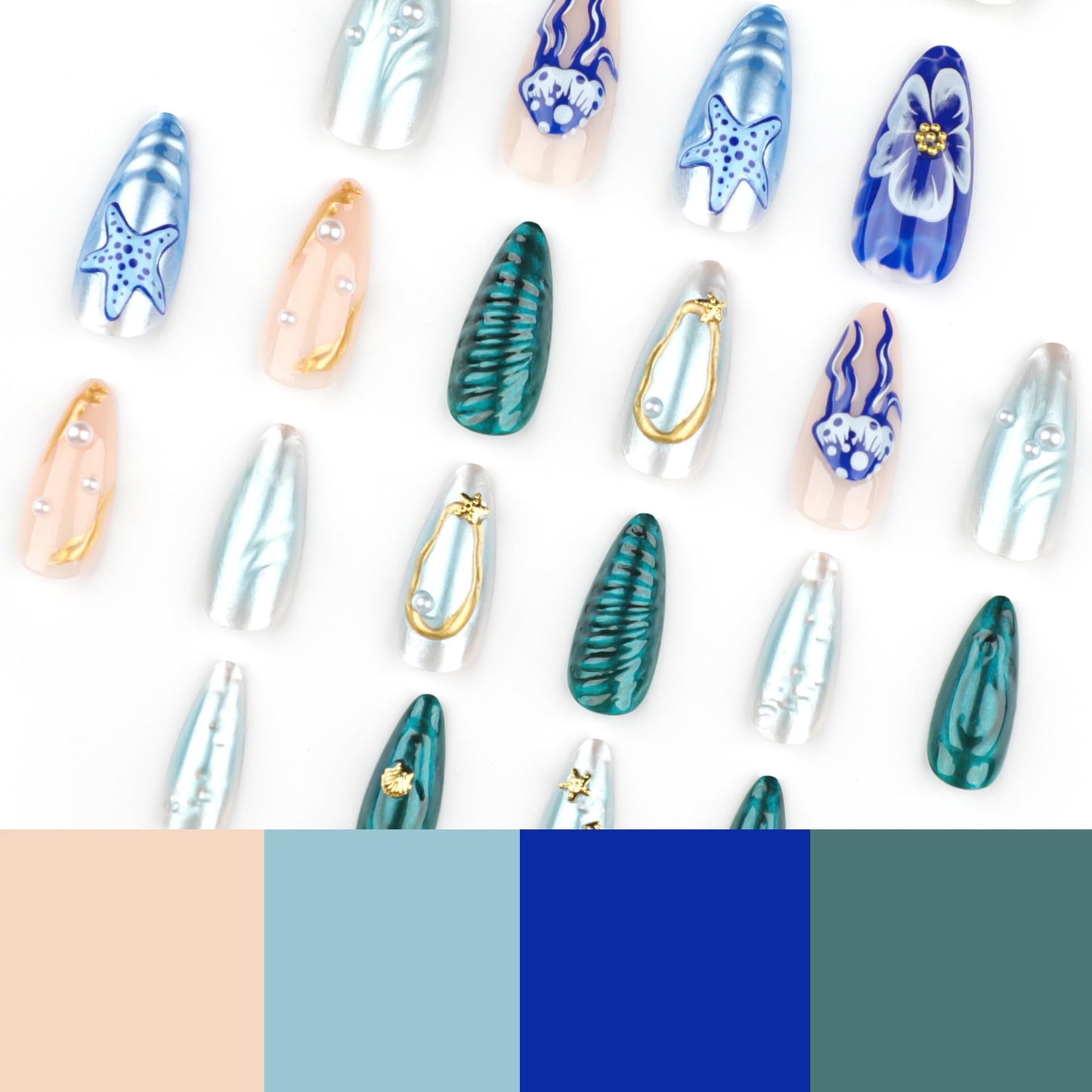 IMSOHOT Press on Nails Almond Medium Fake Nails Glossy Full Cover Blue Chrome False Nails with 3D Sea Star & Medusa Designs Artificial Glue Stick on Nails for Women Girls 24Pcs