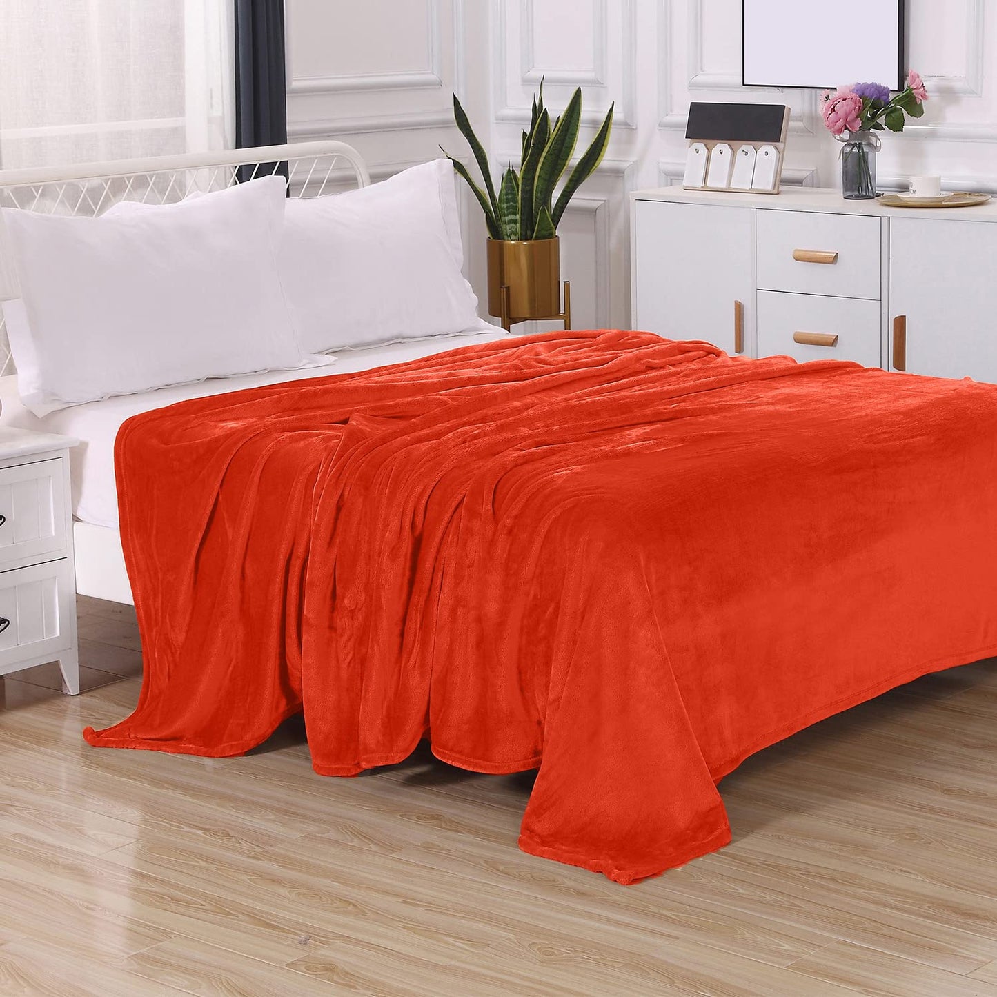 Elegant Comfort Luxury Velvety Feel Blanket, All-Season Lightweight Blanket, Ultra Plush, Soft, Cozy-Fuzzy Flannel Fleece for Couch, Sofa, Bed, Travel, Solid Design, Full/Queen, Orange