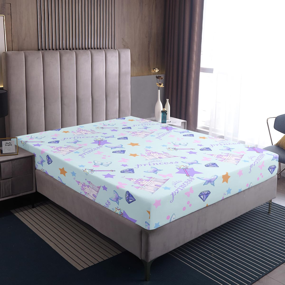 Feelyou Cartoon Castle Fitted Sheet Twin Size for Kids Boys Girls Blue Princess Bed Sheets Set 16" Deep Pocket Soft Breathable Microfiber Cute Butterfly Bedding with 1 Pillowcase Magic Room Decor