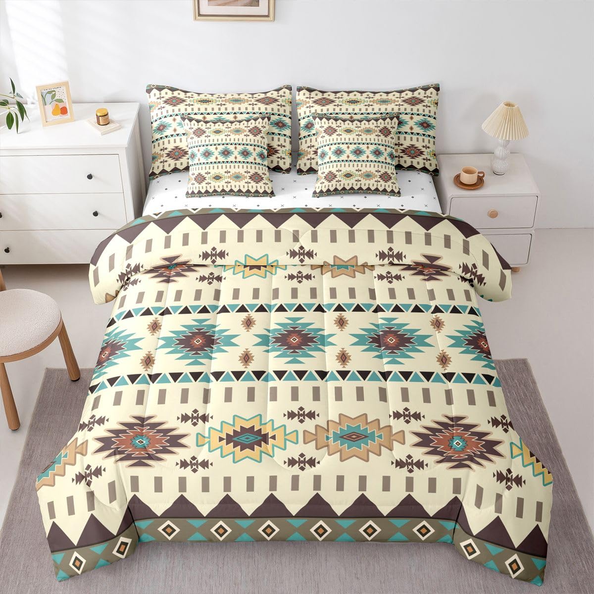 Erosebridal Aztec 7 Piece Bedding Set Queen Mysterious Comforter Set with Sheets Geometric Boho Rustic Farmhouse Bed in a Bag Native American Yellow for Teens Men Women