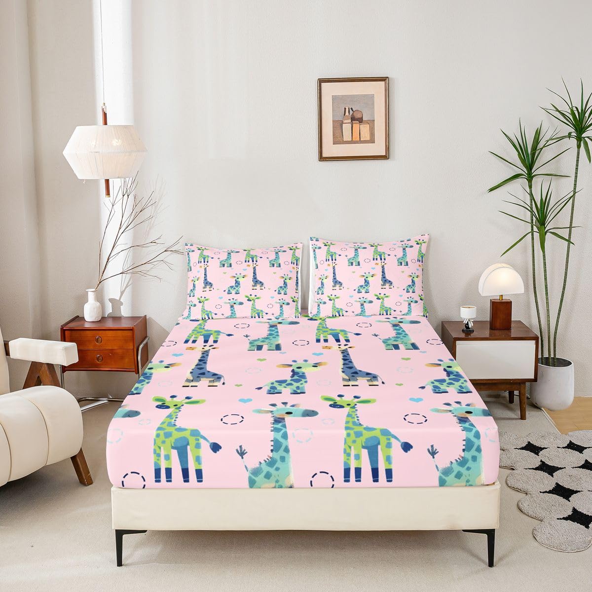 Erosebridal Giraffe Bed Sheets Full Pink and Green Geometric Sheet Set for Kids Boys Girls Cartoon Kawaii Sheets Wild Animal Flat Fitted Sheet 3 Pcs