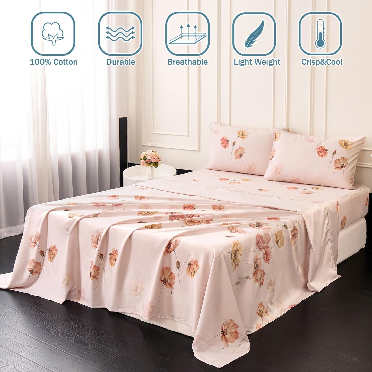 Huborise Blush Pink Floral Bed Sheets 100% Cotton Queen Size Sheet Set Satin Weave 4Pcs, Apricot Peach Flower Printed Bed Set with Deep Pocket 17.5", Soft Breathable & Crisp, Luxury French Country
