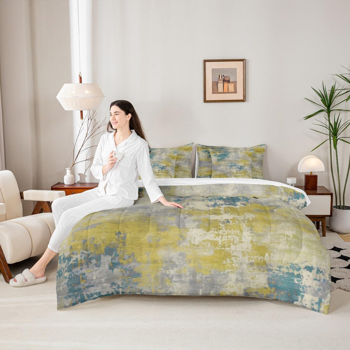 Erosebridal Lime Green and Blue Watercolor Comforter Set 7 Pcs,Modern Abstract Bed in A Bag for Kids Teens Adult,Ombre Gradient Tie Dye Fitted Sheet,Grunge Aesthetic Quilt Set (Lime Green Blue,King)