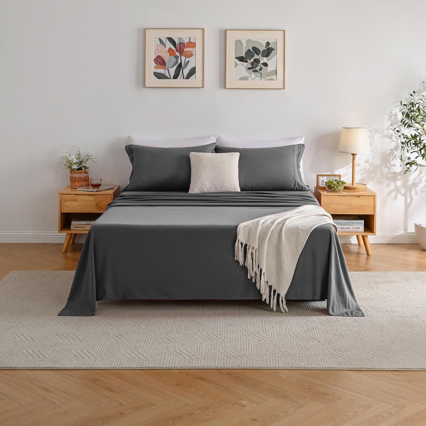 Yibeizi King Size Sheets Set Cooling Deep Pocket Bed Sheet Sets, Grey Soft Microfiber Oeko-Tex Hypoallergenic Sheets & Pillowcases Wrinkle Free Bedsheets