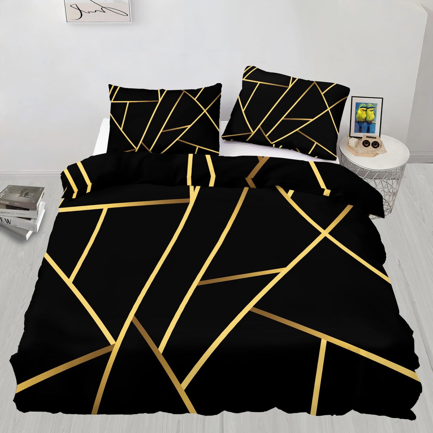 ZAOMIR Geometric Duvet Cover Twin Size, Abstract Modern Geometric Stripes Bedding Set 3 Piece, Black Gold Geometry Lines Patterned Comforter Cover with Zipper Soft Microfiber, 2 Pillowcases