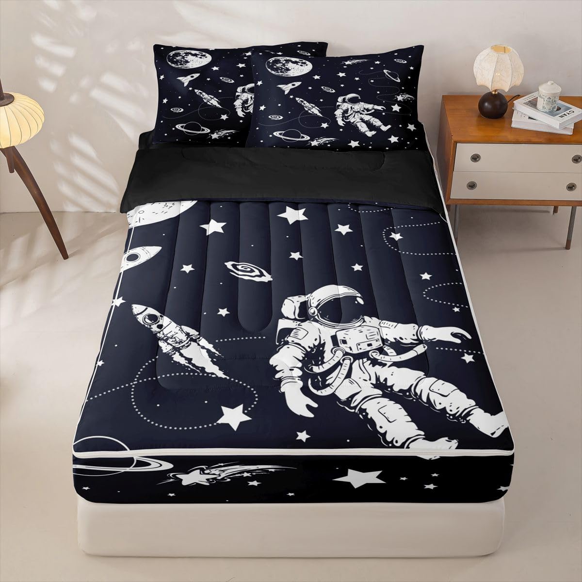 Feelyou Solar System Queen Comforter Set with Fitted Sheet Outer Space Zipper Bedding for Kids Teens Adults Universe Planets Zipper Bedding Sets Cute Astronaut Blue White Bed in A Bag Room Decor
