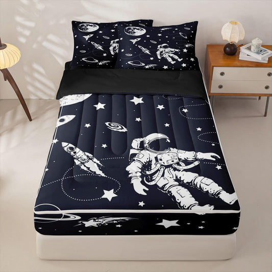Feelyou Solar System Queen Comforter Set with Fitted Sheet Outer Space Zipper Bedding for Kids Teens Adults Universe Planets Zipper Bedding Sets Cute Astronaut Blue White Bed in A Bag Room Decor