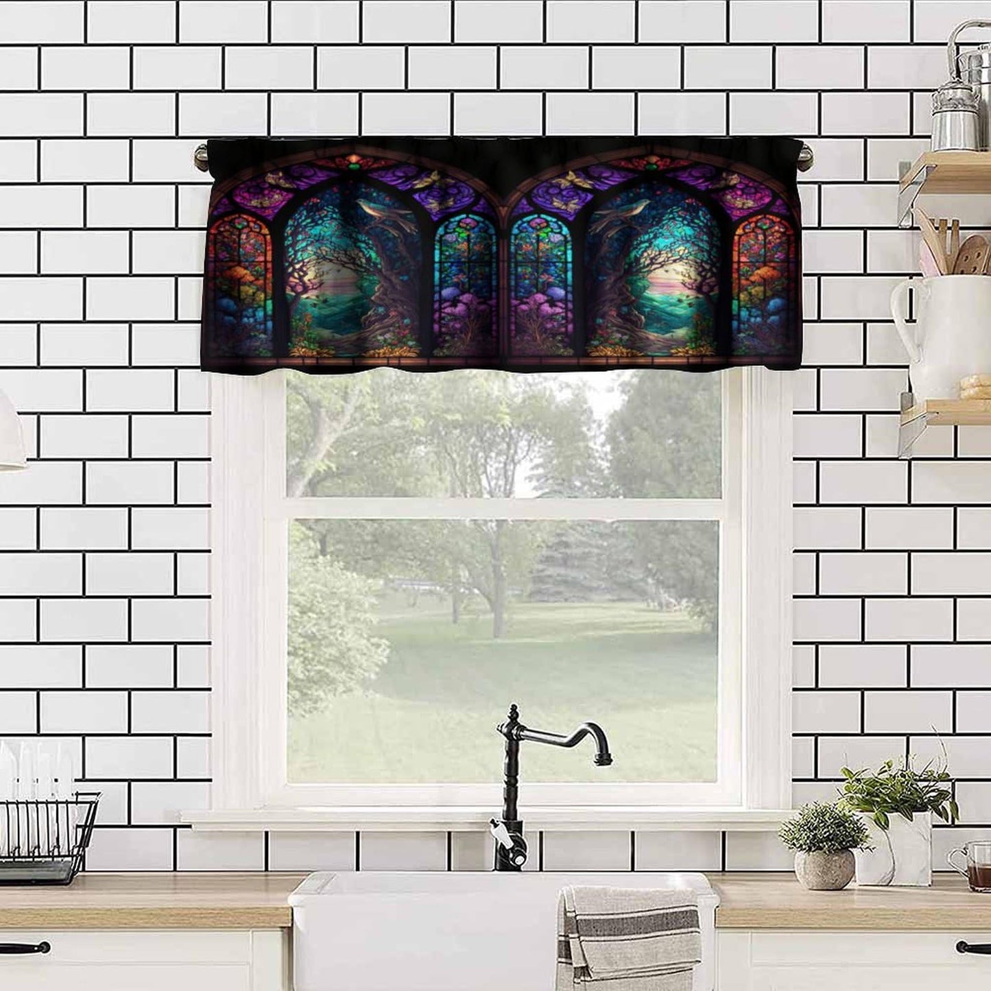Stained Glass Blackout Window Valance Curtain, Autumn Forest Mosaic Art Beautiful Nature Scenery Stained Glass for Home Kitchen Livingroom Coffee Room Window Valance 1 Panel 54x18inch