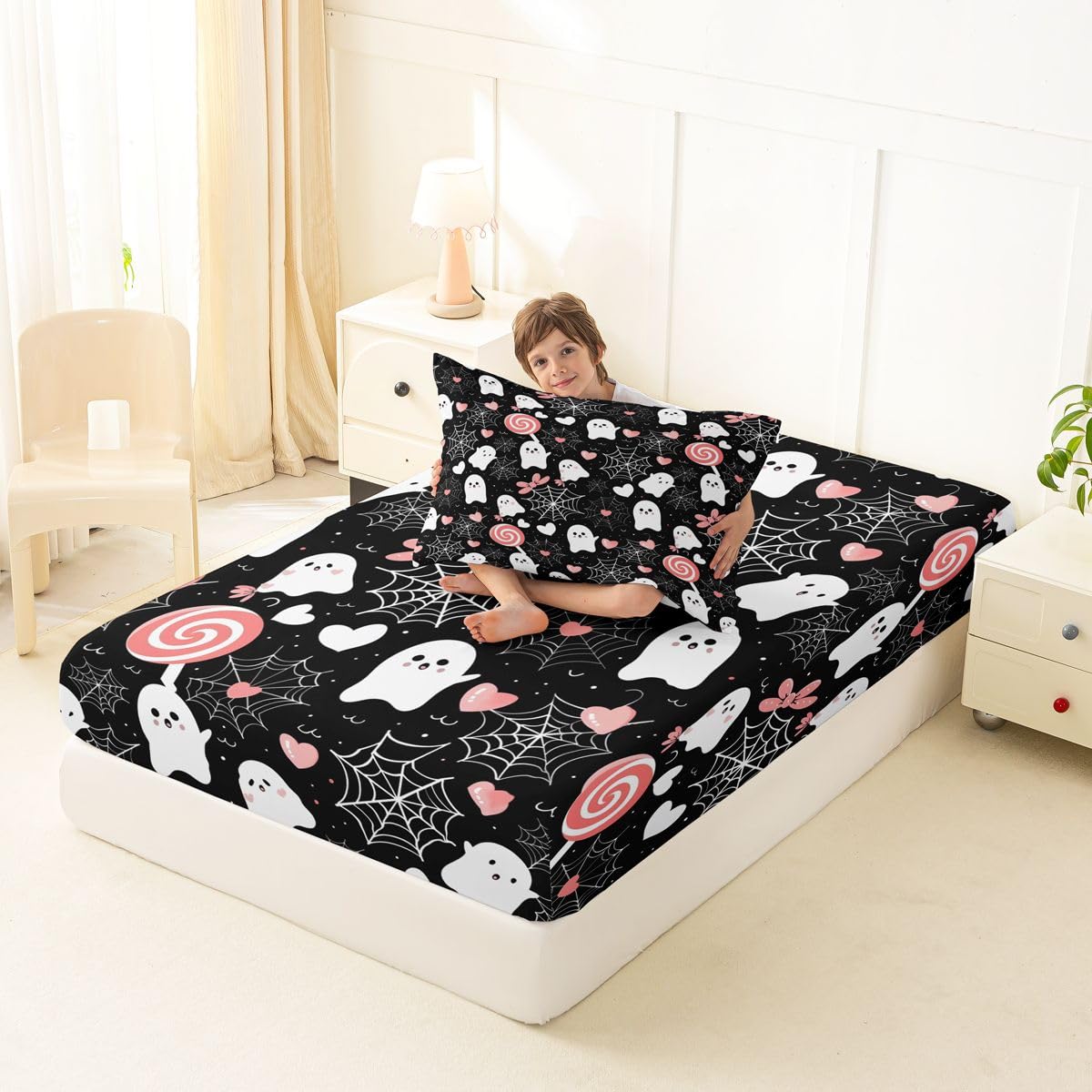 Feelyou Ghost Fitted Sheet Twin Size for Kids Boys Girls Misty Forest Bed Sheets Set 16" Deep Pocket Soft Breathable Microfiber Trick or Treat Bedding with 1 Pillowcase Candy Room Decor Spider Web