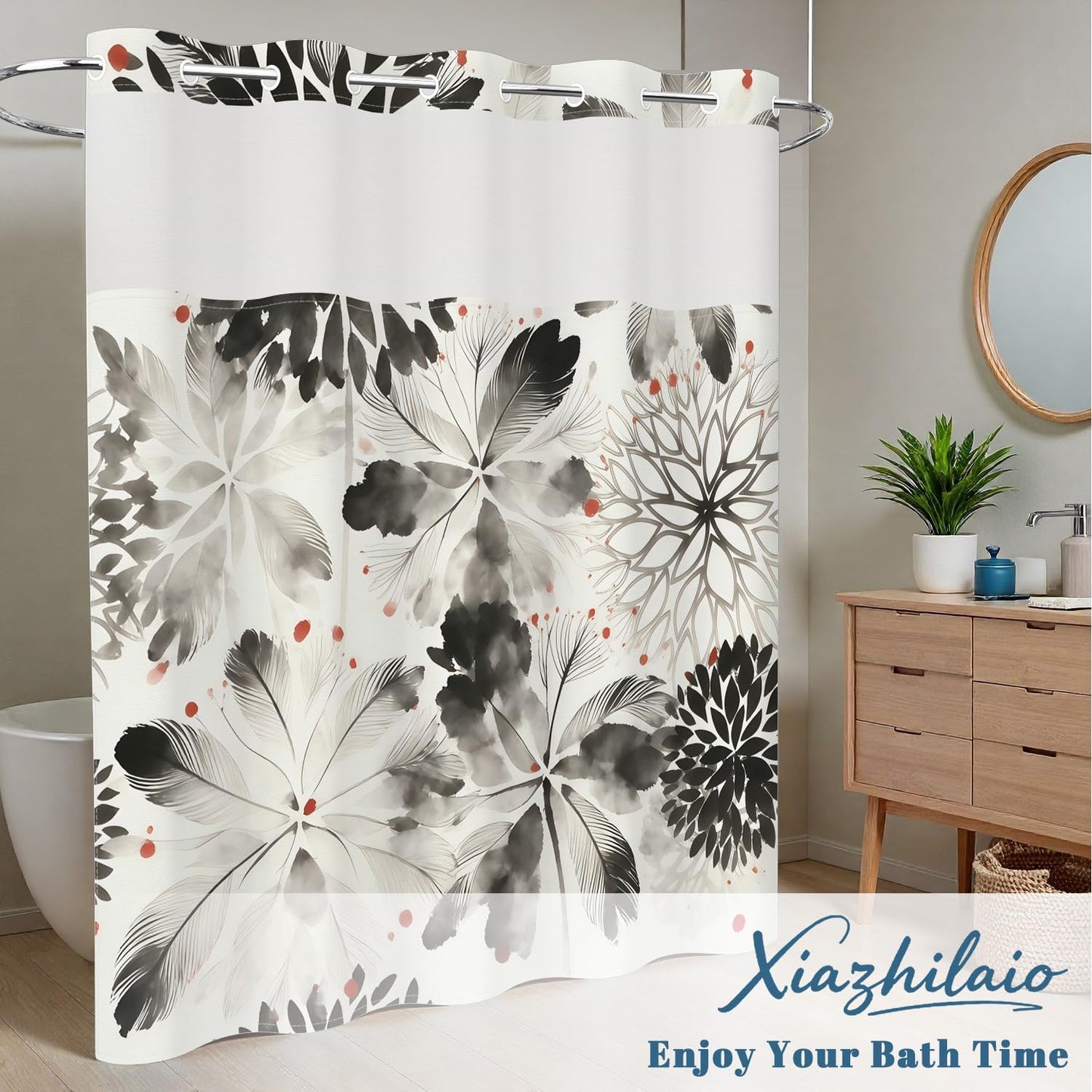 Xiazhilaio Black Floral Shower Curtain with Snap in Liner, 71x74 Inch