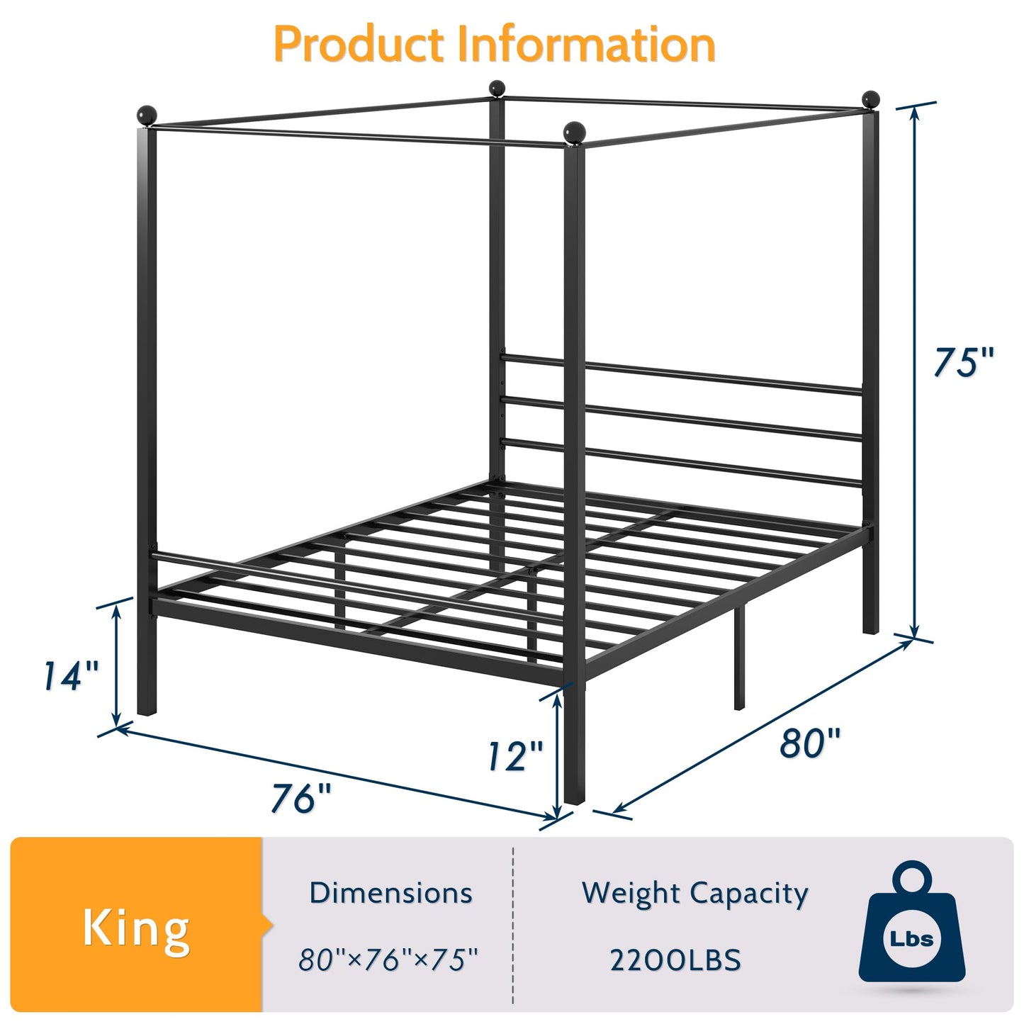 Lutown-Teen King Size Canopy Bed Frame, Four Poster Metal Canopy King Size Bed Frame, Heavy Duty Mattress Foundation with Underbed Storage, No Box Spring Needed, Easy Assembly, Black
