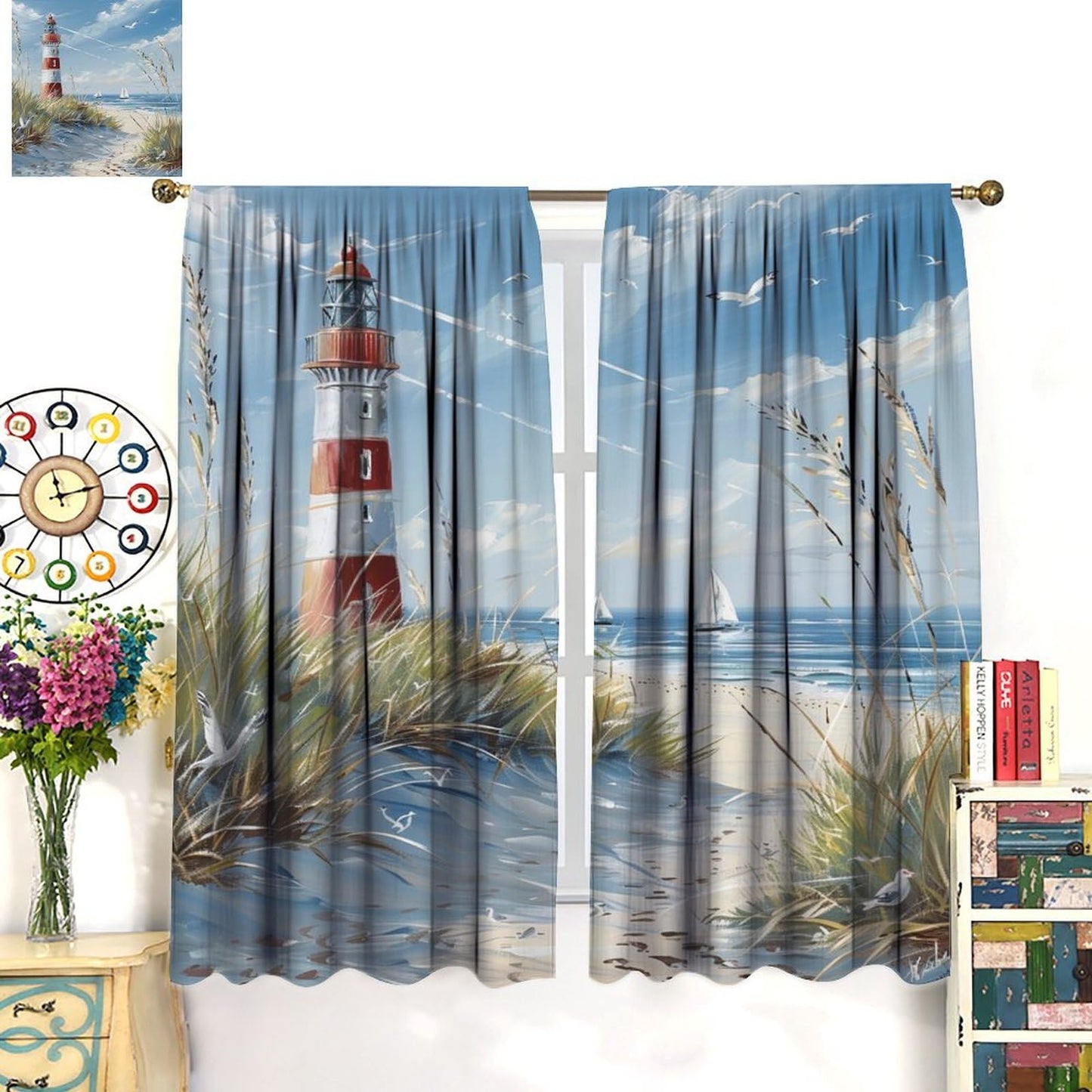 TOWINSFB Nautical Boat Lighthouse Blackout Curtains for Bedroom Living Room, Bird Beach Coast Nature Landscape Thermal Insulated Room Darkening Curtain- 2 Panels 45" L x 42" W