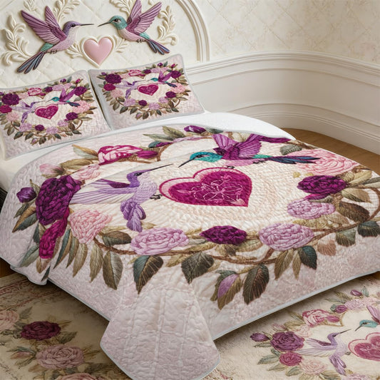 ARIGHTEX Flower Bird Quilt Set Queen Size Love Theme Hummingbird Floral Bedding Set Lightweight Botanical Quilt Coverlet Soft Microfiber Bedspread Gift Bedding Set with Shams