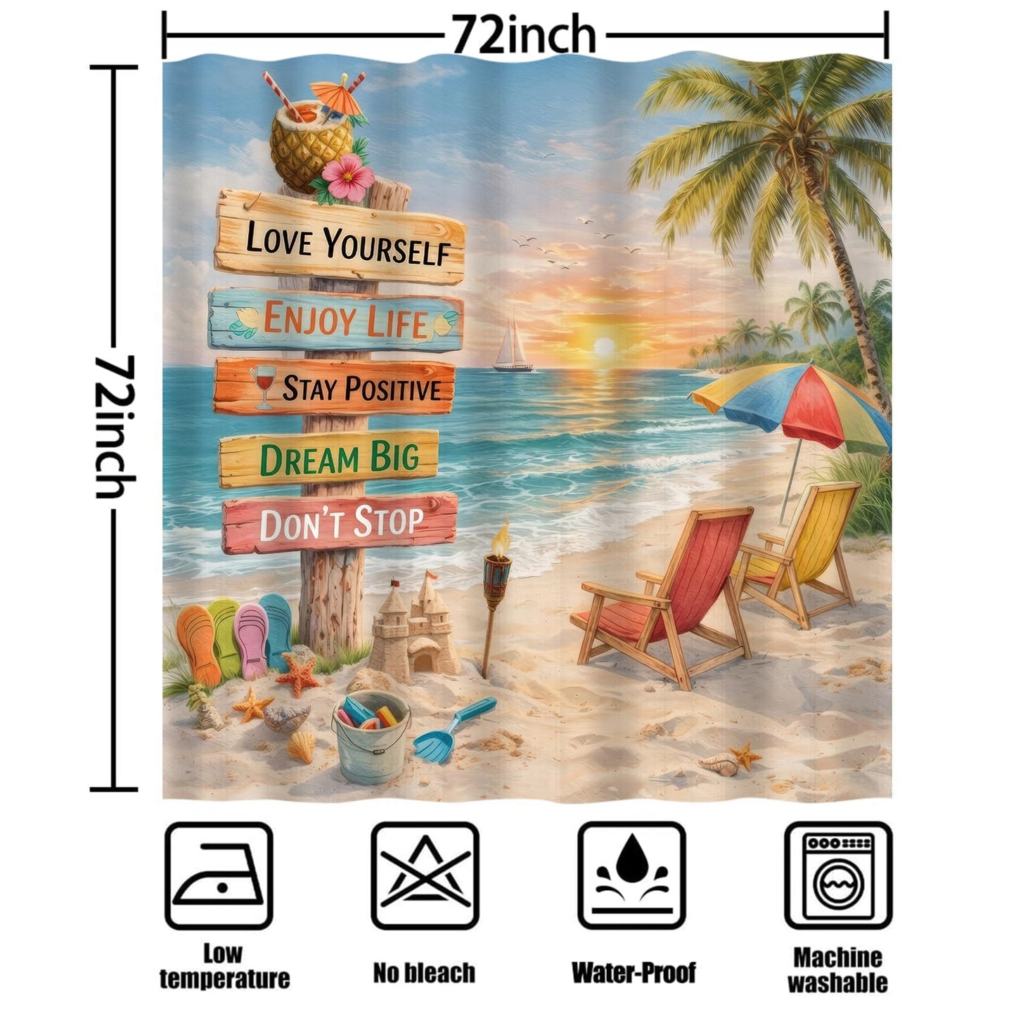 iTapnoom Tropical Beach Shower Curtain, Ocean Coastal Motivational Quotes Inspirational Palm Tree Sunset Bathroom Decor Fabric Curtain Set with Hooks 72x72 Inches