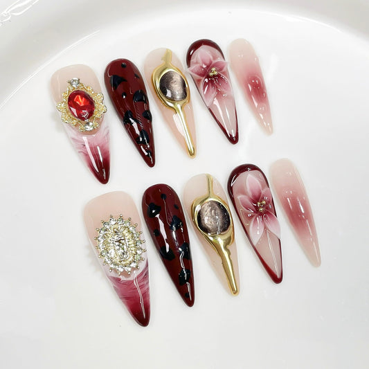 Handmade Press on Nails Long - Burgundy French Tips 3D Floral Fake Nails Glossy Stiletto False Nails with 3D Cat's Eye and Charms Designs Acrylic Nail Sparkly Stick on Nail for Women 10Pcs (Size M)