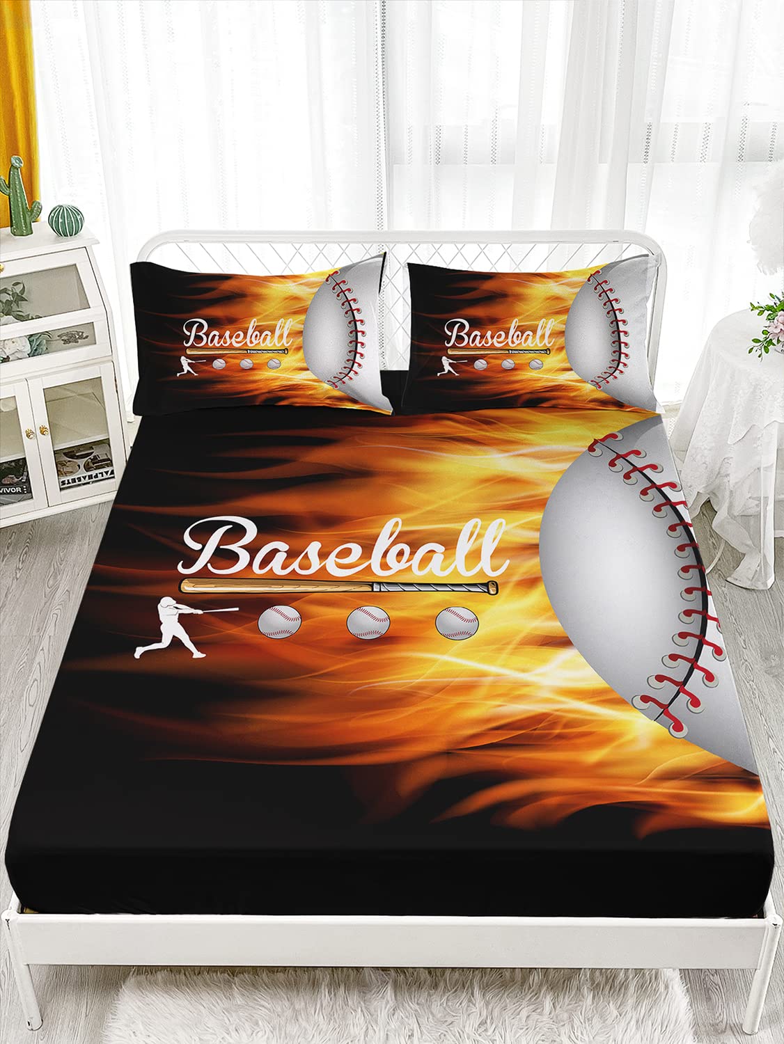 HOSIMA Kids/Teens Sports Baseball Bedding Set,Soft Microfiber Baseball Black Bedroom Fitted Sheet Full Size for Kids Teen Girls Boys Room Decor,1 Fitted Sheet+2 Pillowcases.