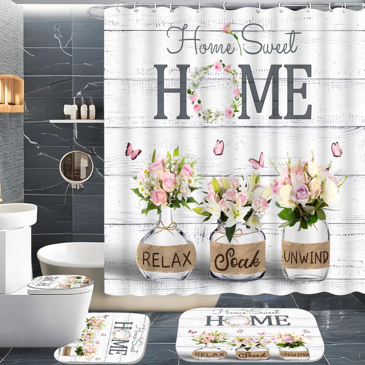 ALEXEX 4 PCS Pink Roses and Lilies Shower Curtain Sets,Home Sweet Bathroom Set with Shower Curtain and Rugs and Accessories,Farmhouse Country Shower Curtain Bathroom Decor with 12 Hooks,72 X 72 Inches