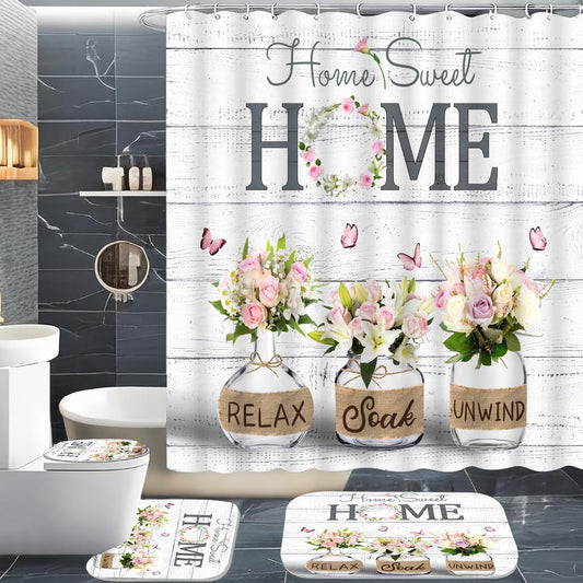 ALEXEX 4 PCS Pink Roses and Lilies Shower Curtain Sets,Home Sweet Bathroom Set with Shower Curtain and Rugs and Accessories,Farmhouse Country Shower Curtain Bathroom Decor with 12 Hooks,72 X 72 Inches