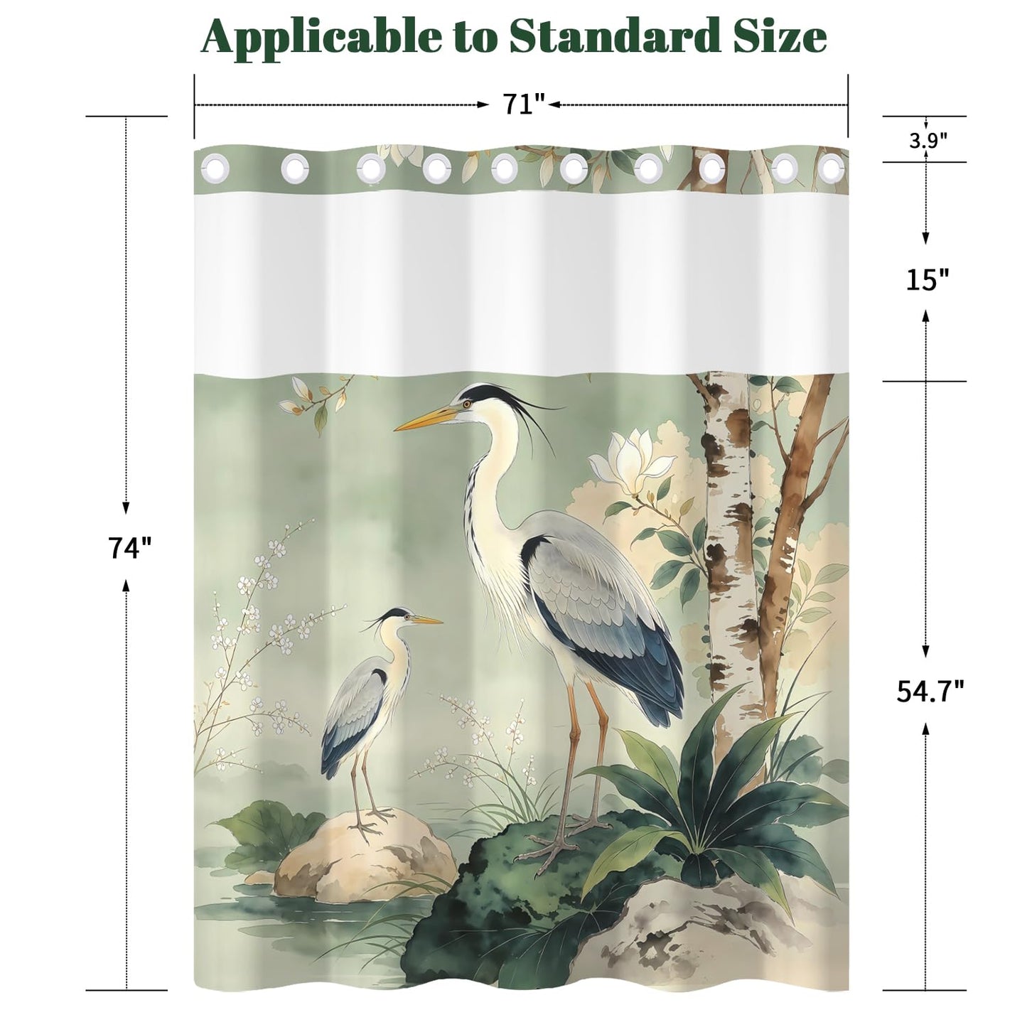 Xiazhilaio Zen Crane No Hook Shower Curtain with Snap in Liner, 71x74 Inch