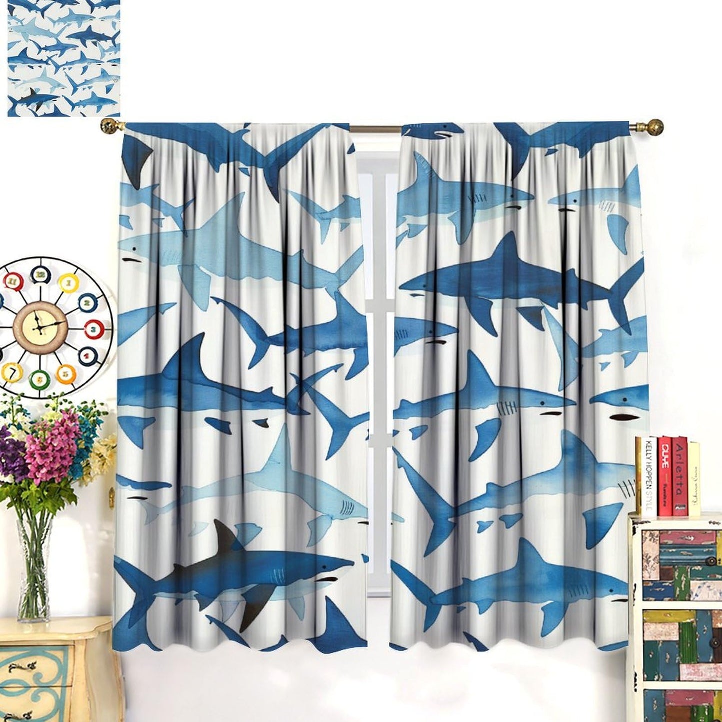 TOWINSFB Ferocious Shark Blackout Curtains for Bedroom Living Room, Repetitive Marine Life Blue Sea Curtains Rod Pocket Thermal Insulated Window Drapes, 2 Panels/Each 21" W x 45" L