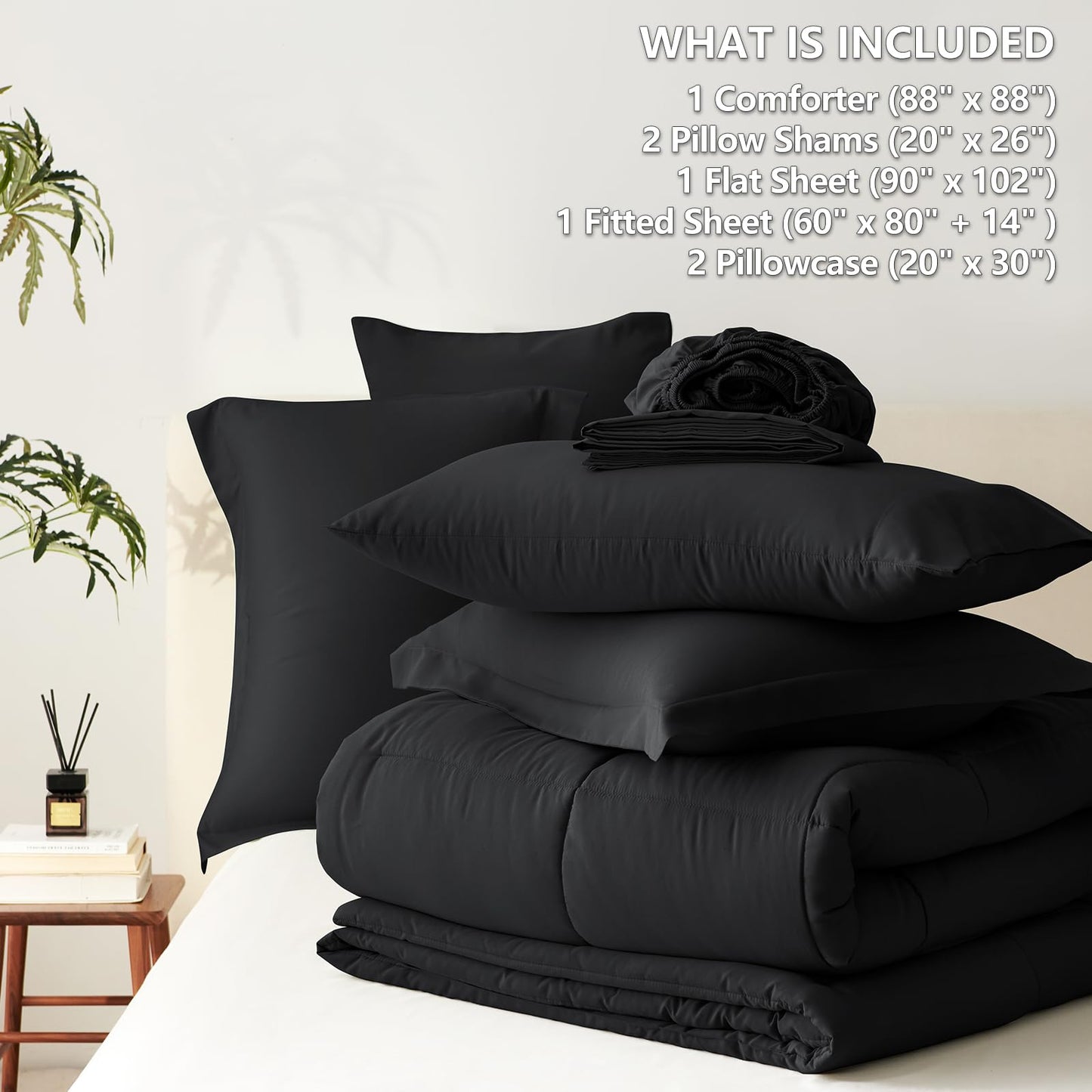 CozyLux Queen Comforter Set Black - 7 Pieces Bed in a Bag Queen, Oeko-Tex Certified Bedding Set, All Season Soft Bed Set with Down Alternative Comforter, Sheets, Pillowcases & Shams