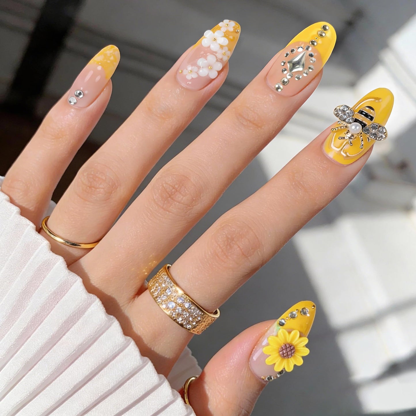 24Pcs Handmade Press on Nails,3D Sunflower Medium Length Almond Shape Fake Nails with Full Covered White Flowers,Cute Manicure Kit for Women and Girls