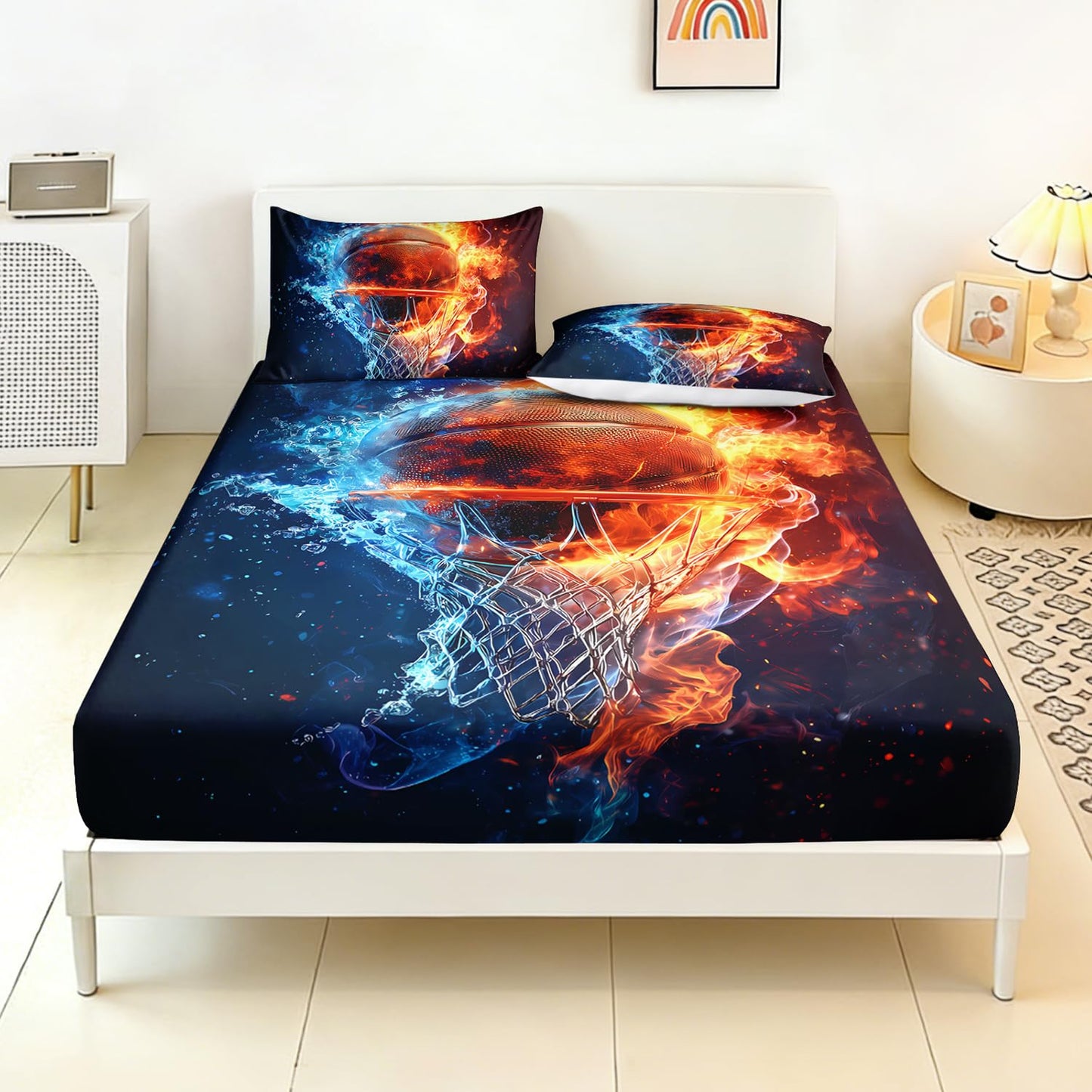 HOSIMA Fitted Sheet Queen for Kids,Basketball Wrapped in Water and Fire,Sports Bedding for Teenage Boy Room Decor,Basketball Hoop Pattern Bedding,1 Fitted Sheet+2 Pillowcases.