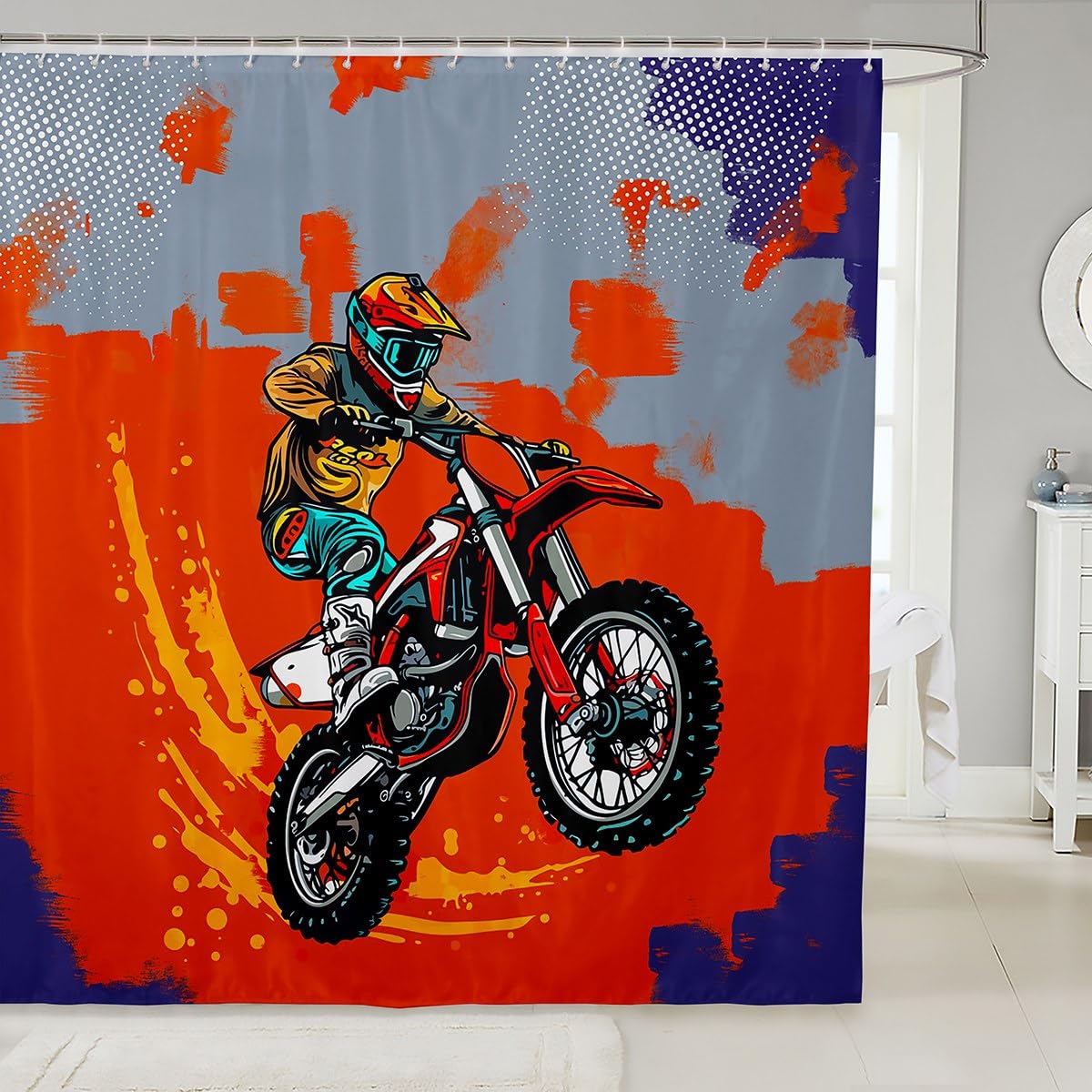 Feelyou Dirt Bike Shower Curtain Motocross Racer Fabric Shower Curtain for Kids Boys Girls Motorcycle Racer Print Bathroom Waterproof Accessories with 12 Hooks Sports Motocross Curtains,72X72 Inches