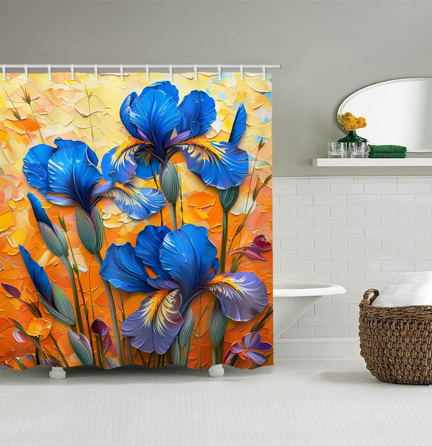 LYFANS Bathroom Shower Curtains Brings a Pleasant Mood to Bathing, with a Unique Artistic Waterproof Oil Painting Blue Flower Shower Curtain (59x72 Inches) Equipped with 12 Hooks.
