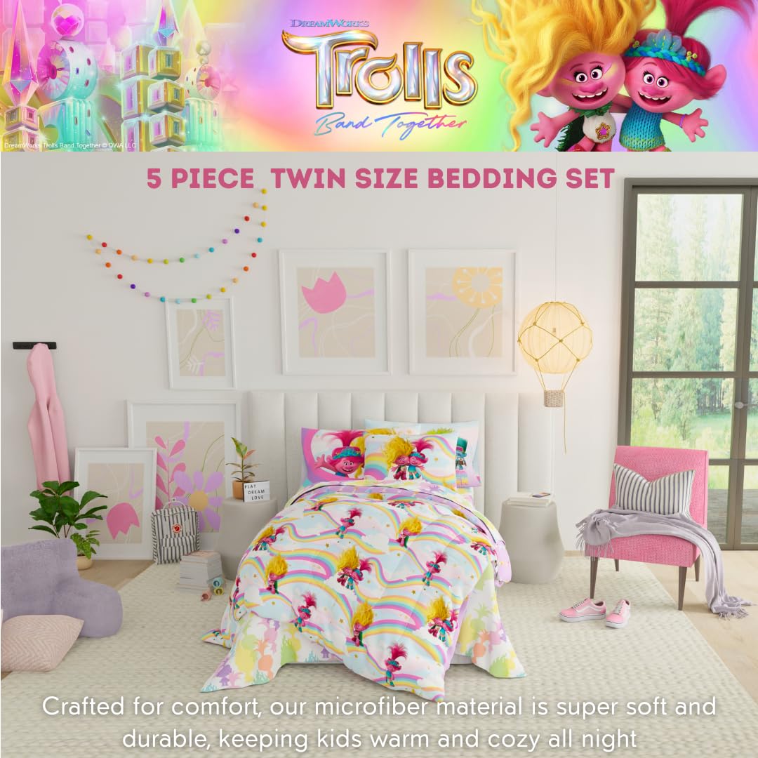 DreamWorks Trolls 3 Band Together Kids 5 Piece Bedding Super Soft Reversible Comforter and Sheet Set with Sham, Twin, (Officially Licensed Product) By Franco