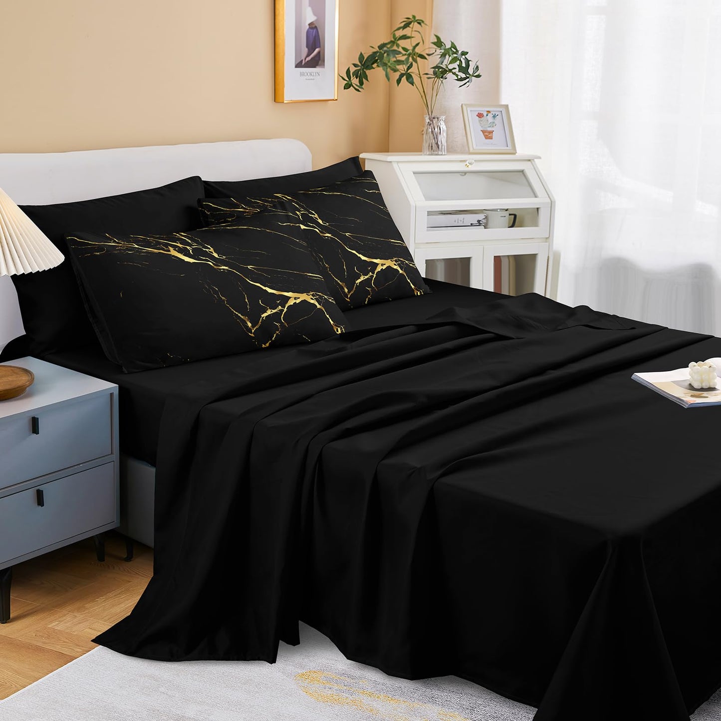 Merryword 8 Pcs Bed in a Bag Black Marble Comforter Set Full Size Gold Metallic Bedding Set
