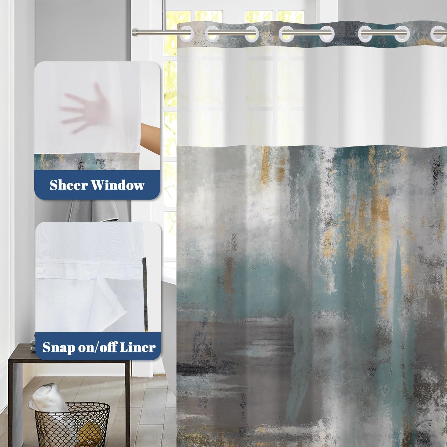 NAEMBCU Abstract No Hook Shower Curtain with Snap in Liner - Artistic Texture Print Shower Curtain with Mesh Top Window, Waterproof Double Layer Bath Curtain for Urban Minimalist Bathroom Decor
