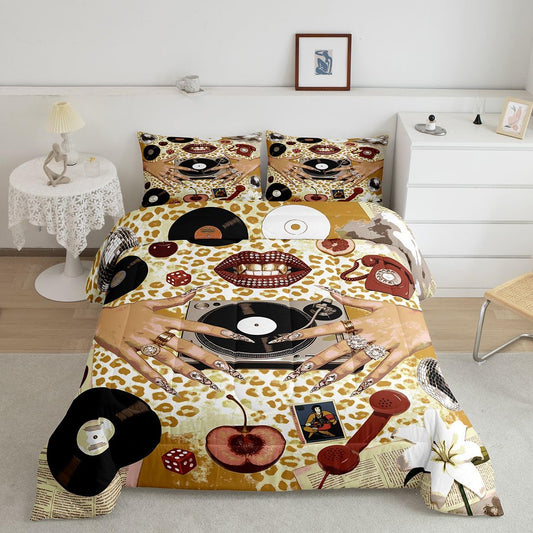 Music Vinyl Record Down Comforter Queen Size,Trendy Black Woman Bedding Sets 3Pcs for Kids Teens Woman Men Room Decor,Leopard Cheetah Pattern Quilted Duvet Retro Coquette Bedspread,2 Pillowcases