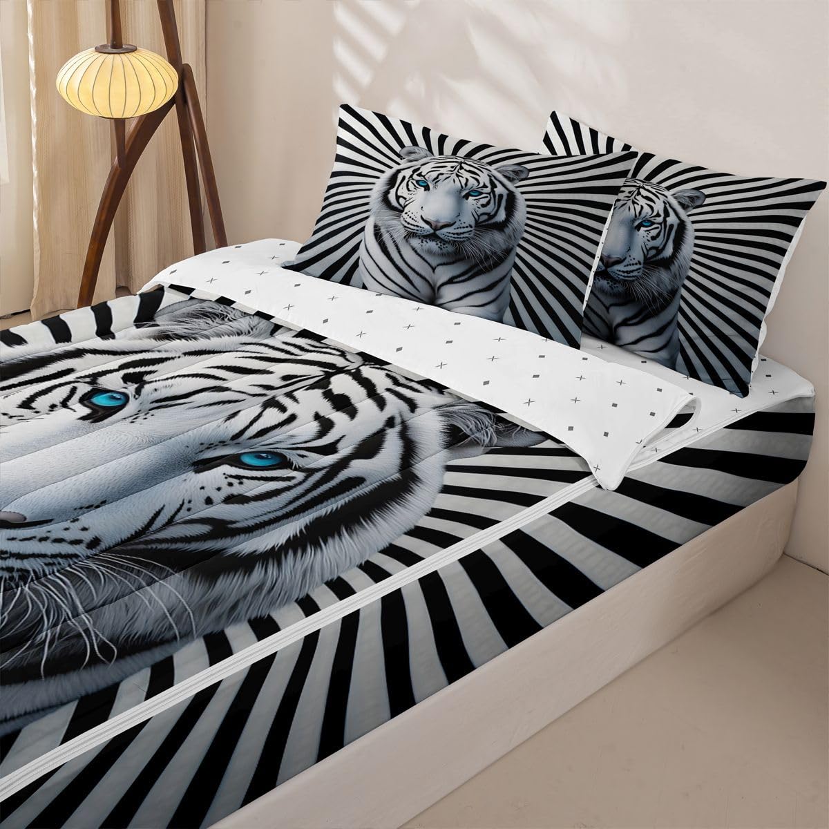 jejeloiu White Tiger Comforter Set Twin Size Zipper Bedding Set for Girls Boys 3D White Tiger Print Comforter with Fitted Sheet, Pillowcases Wildlife Zipper Bedding Soft Breathable Bed in a Bag