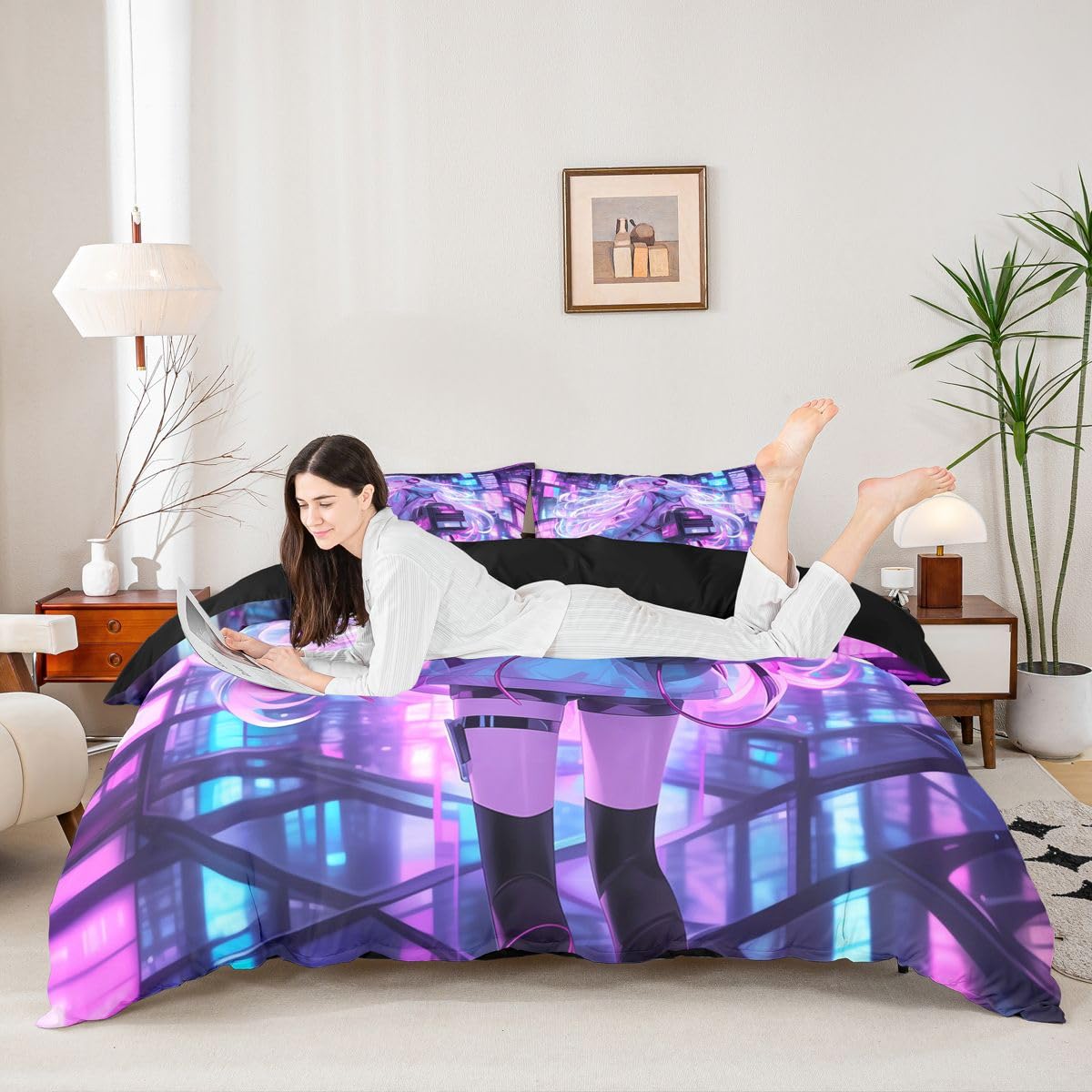 Erosebridal Japanese Girl Bedding Set Girly Anime Twin Down Comforter for Kids,Sci Fi Style Gaming Comforter Set Room Decor 2 Pcs,3D Cartoon Anime Girl Duvet Insert 1 Pillow Case