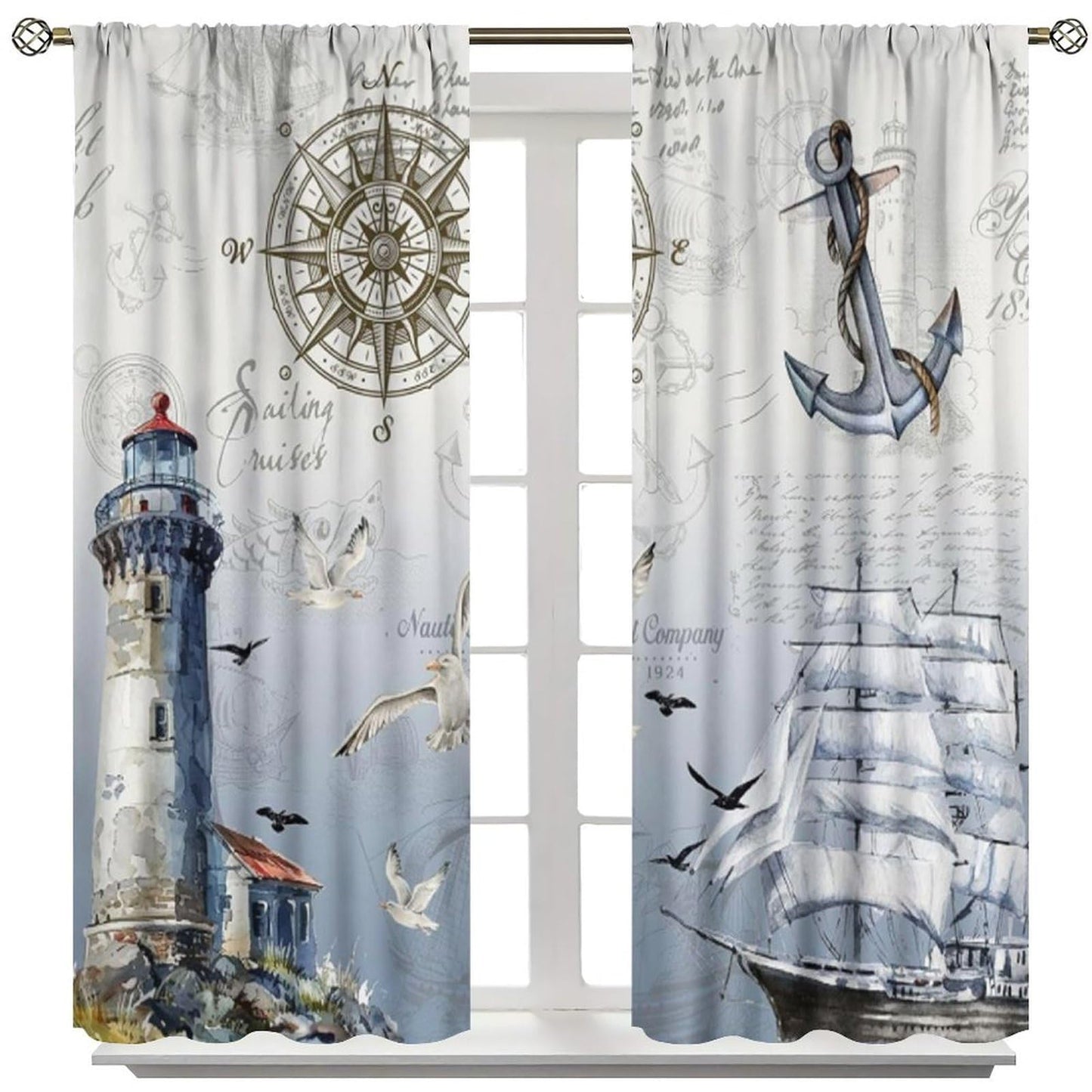 Nautical Curtains for Kitchen Vintage Blue Ocean Beach Retro Sailboat Map Rustic Lighthouse Compass Scene Print Windows Treatments for Kids Boys Bedroom Living Room Bathroom 42x44.5In（No Blackout）