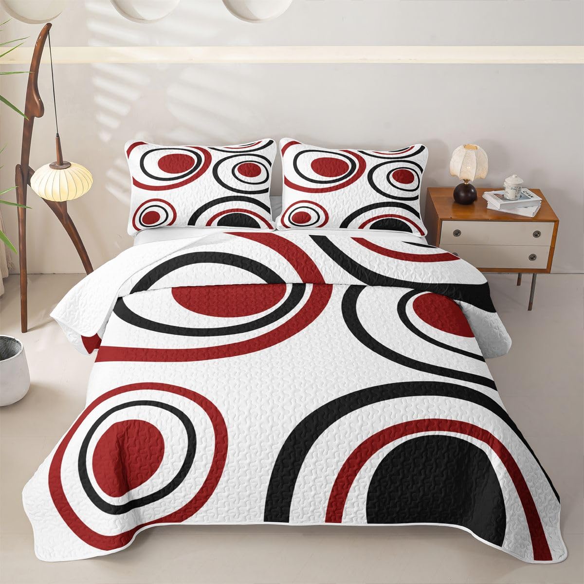 Erosebridal Red Black Circles Quilt Set Striped Abstract Quilt Twin Size Modern Geometric Coverlet Minimalism Lines Boho Simple Art Quilted Bedspread with 1 Pillowcase