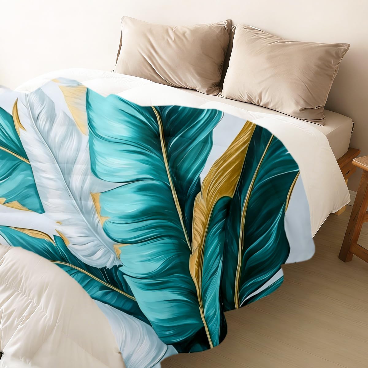 HUNXIAOJ Tropical Blankets and Throws Tropical Plant Blanket for Couch Bed Room Home Decor Tropic Leaf Throws Teal Gold Botanical Decor Flannel Gifts for Women Adults Kids 49"x59"