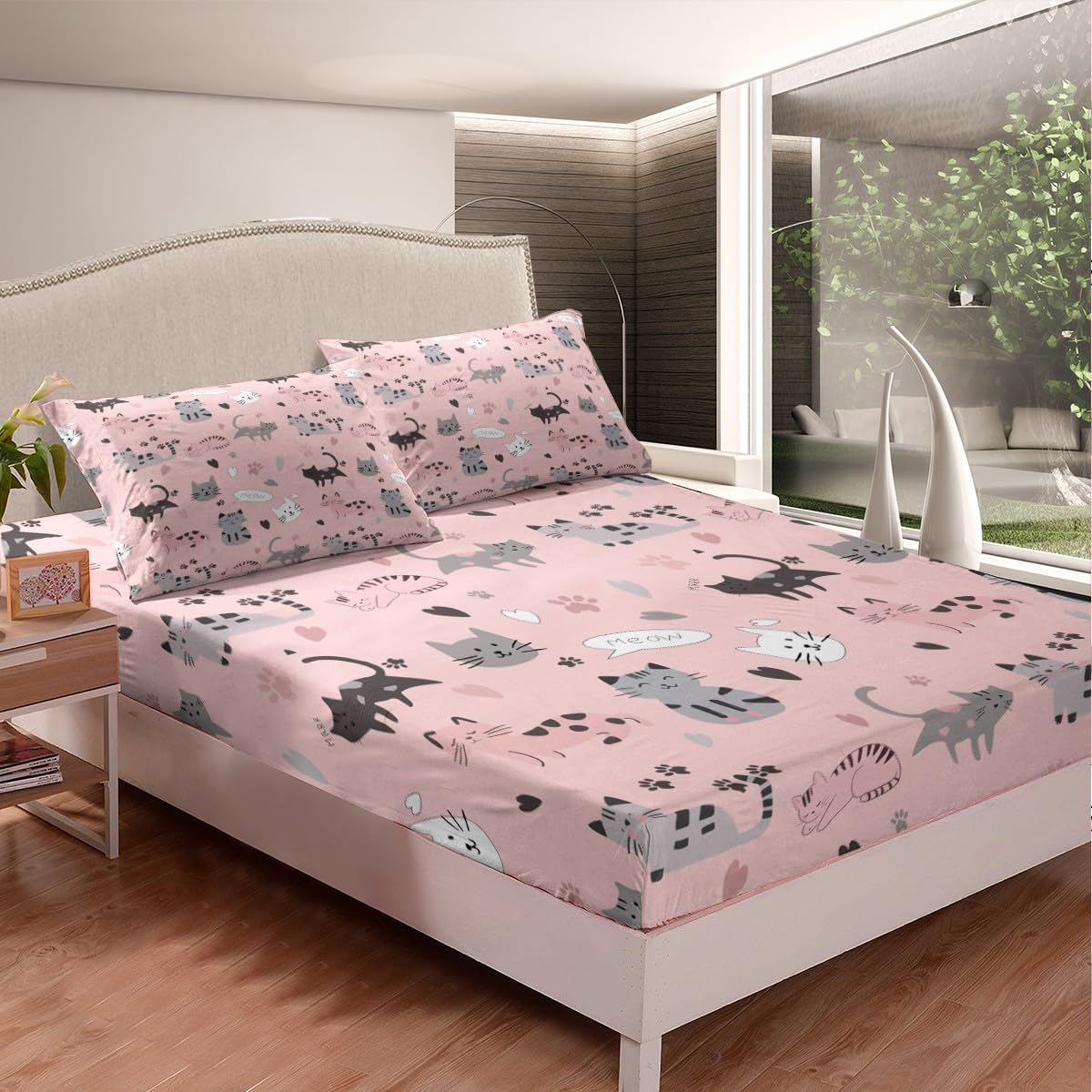 Erosebridal Kawaii Toddler Bed Sheet,Cartoon Cat Sheet Set for Kids Boys Girls Teenager,Kawaii Kitten Paw Print Heart Bed Sets,Queen with 2 Pillowcases