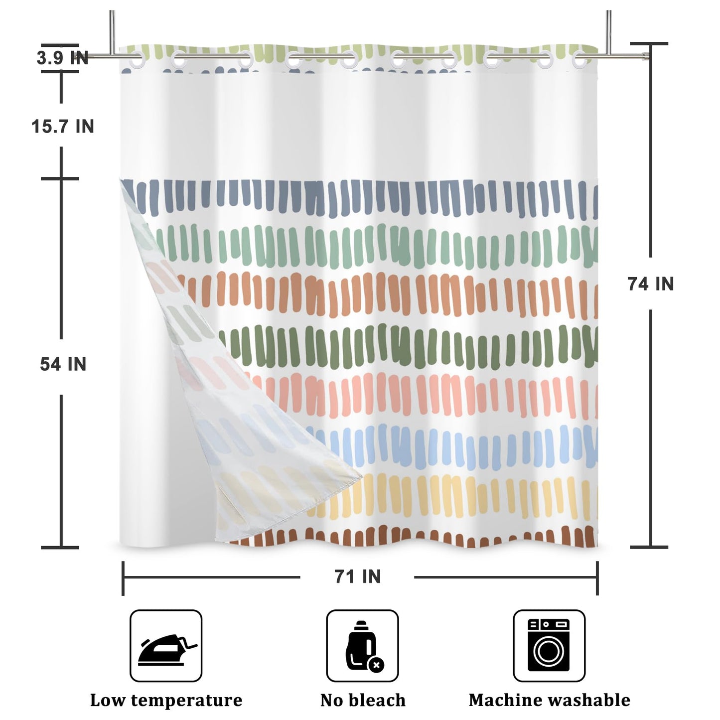 Baocicco No Hook Multicolour Stripe Shower Curtains with Snap-in Fabric Liner Set for Bathroom Rainbow Striped Hotel Shower Curtain and Liner Set See Through Shower Curtain with Window 71x74 Inch