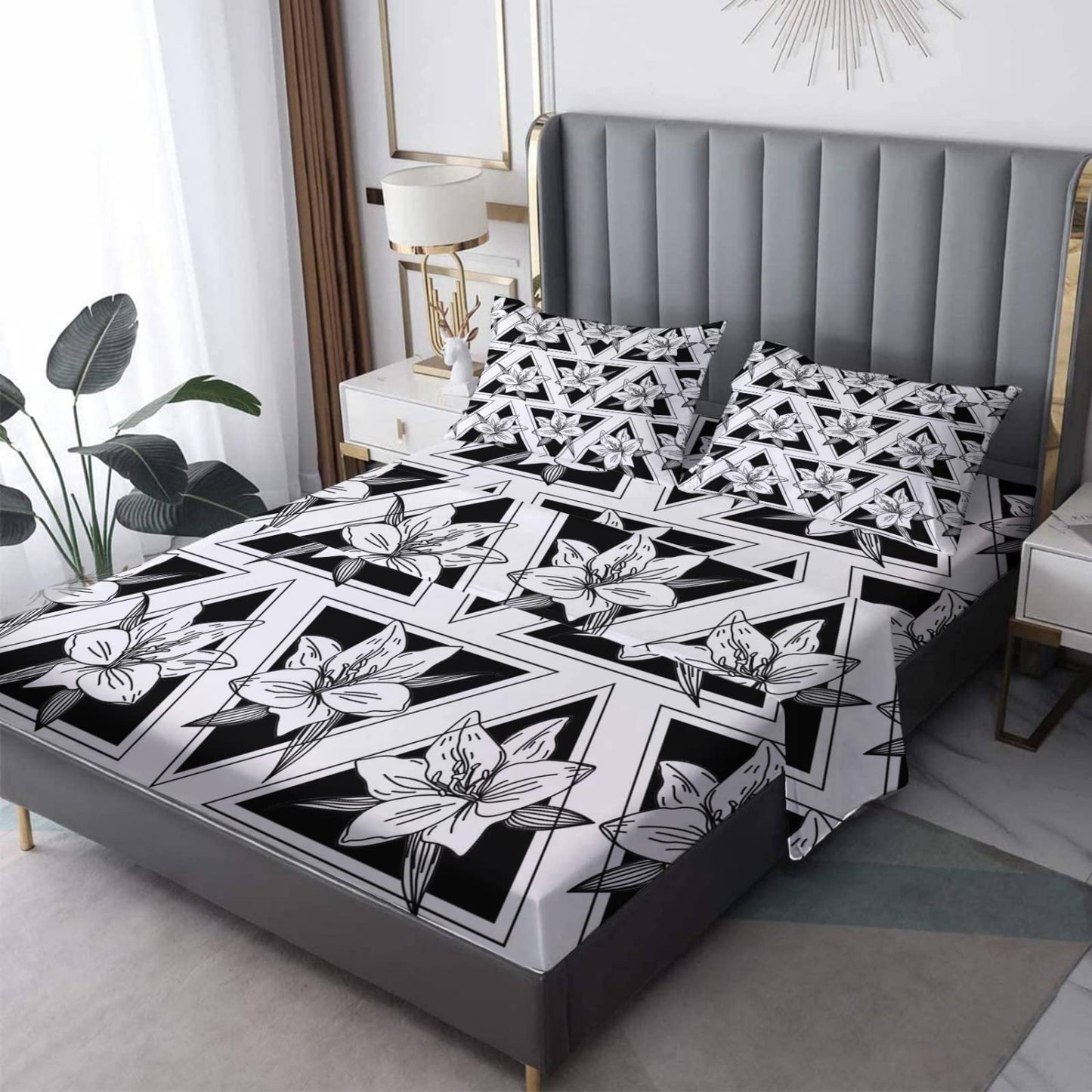 NOGAWA Flower Sheets Split King Size, Geometric Bed Sheets, Patterned Bedding Sheets & Pillowcases 5 Piece Set - Soft Microfiber Deep Pocket 2 Fitted Sheet & Flat Sheet & 2 Pillow Cases